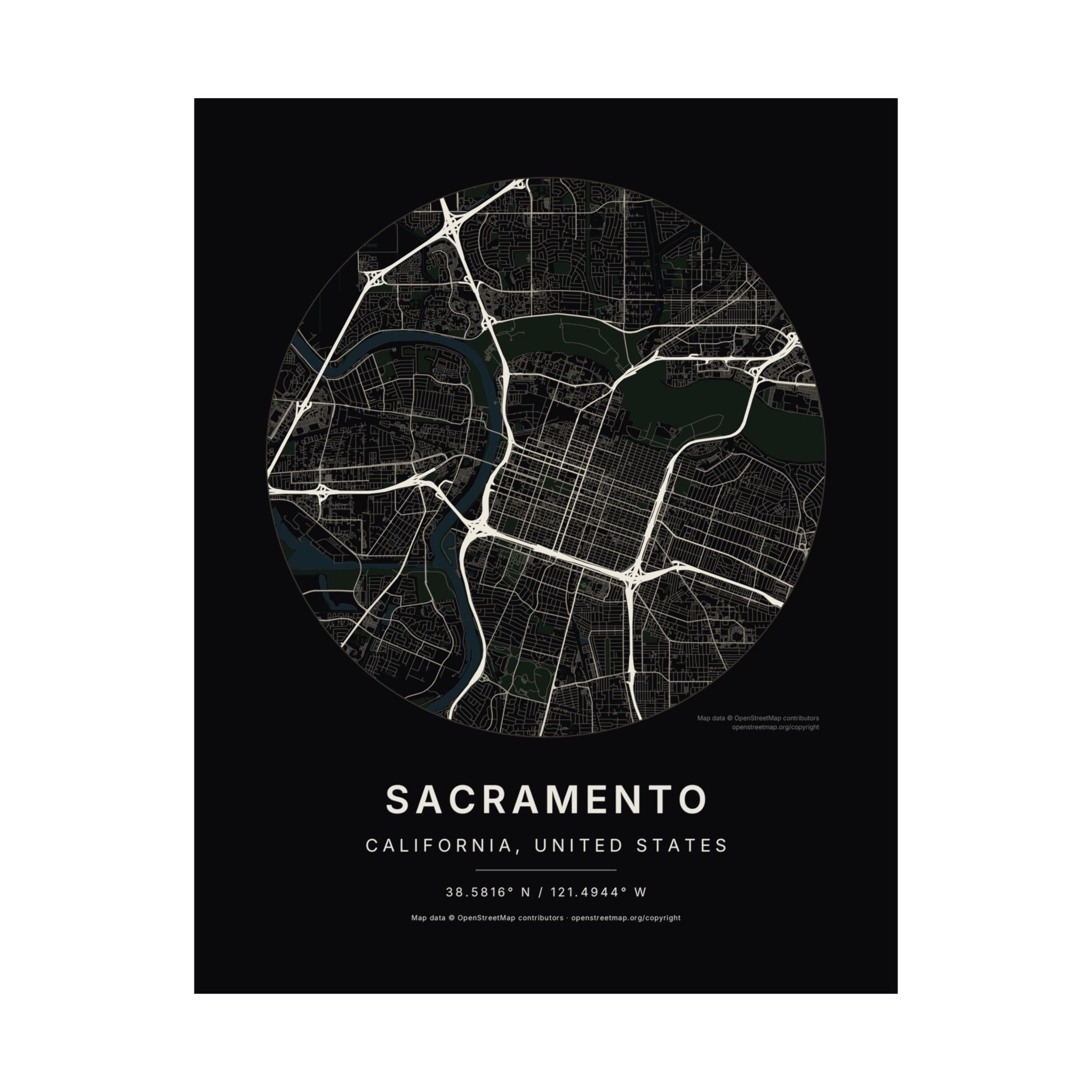 Sacramento, California City Map Print — Noir Black Street Map Wall Art