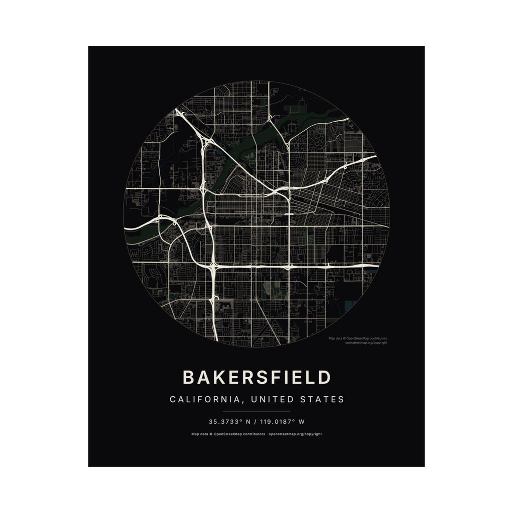 Bakersfield, California City Map Print — Noir Black Street Map Wall Art
