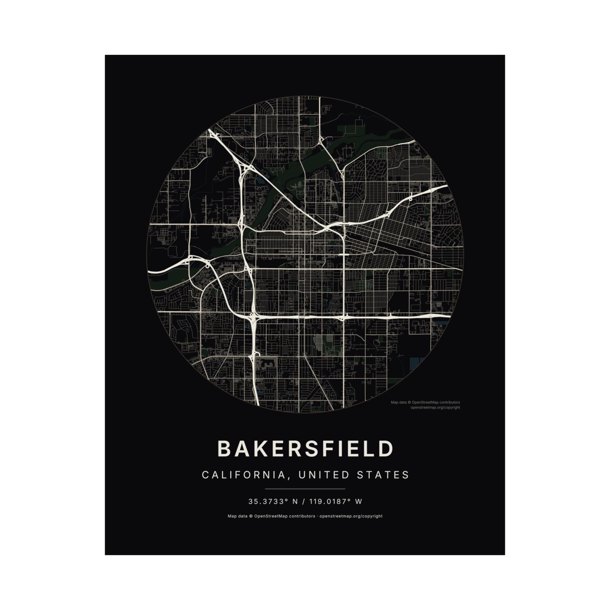 Bakersfield, California City Map Print — Noir Black Street Map Wall Art