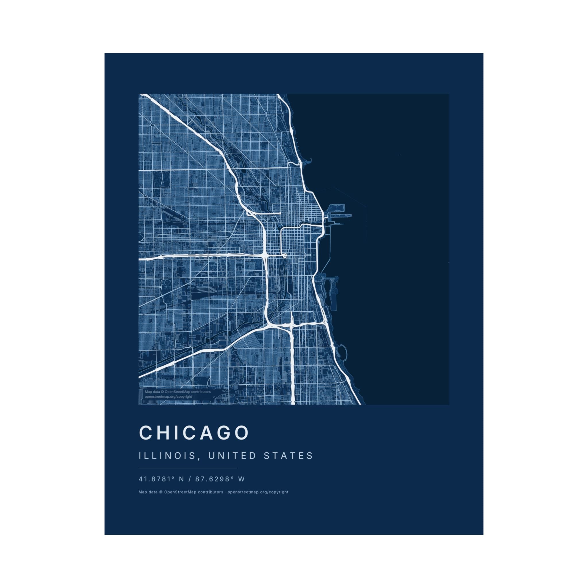 Chicago, Illinois City Map Print — Blueprint Navy Street Map Wall Art