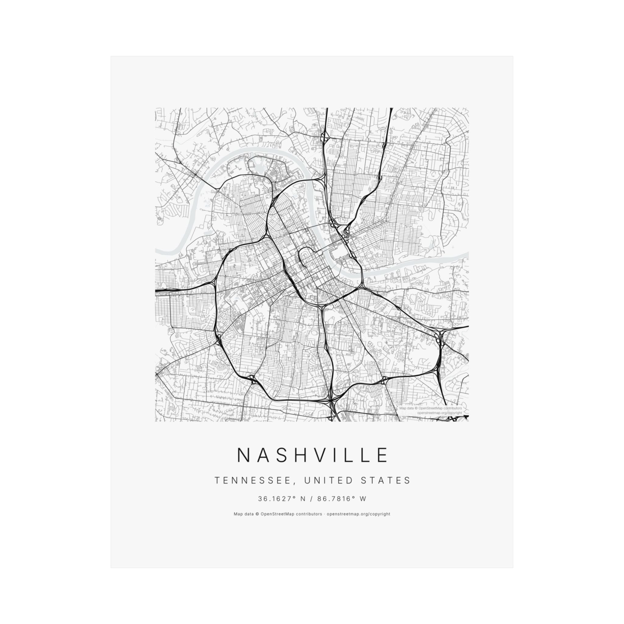 Nashville, Tennessee City Map Print — Minimalist Street Map Wall Art