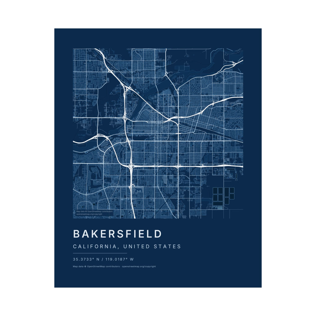 Bakersfield, California City Map Print — Blueprint Navy Street Map Wall Art