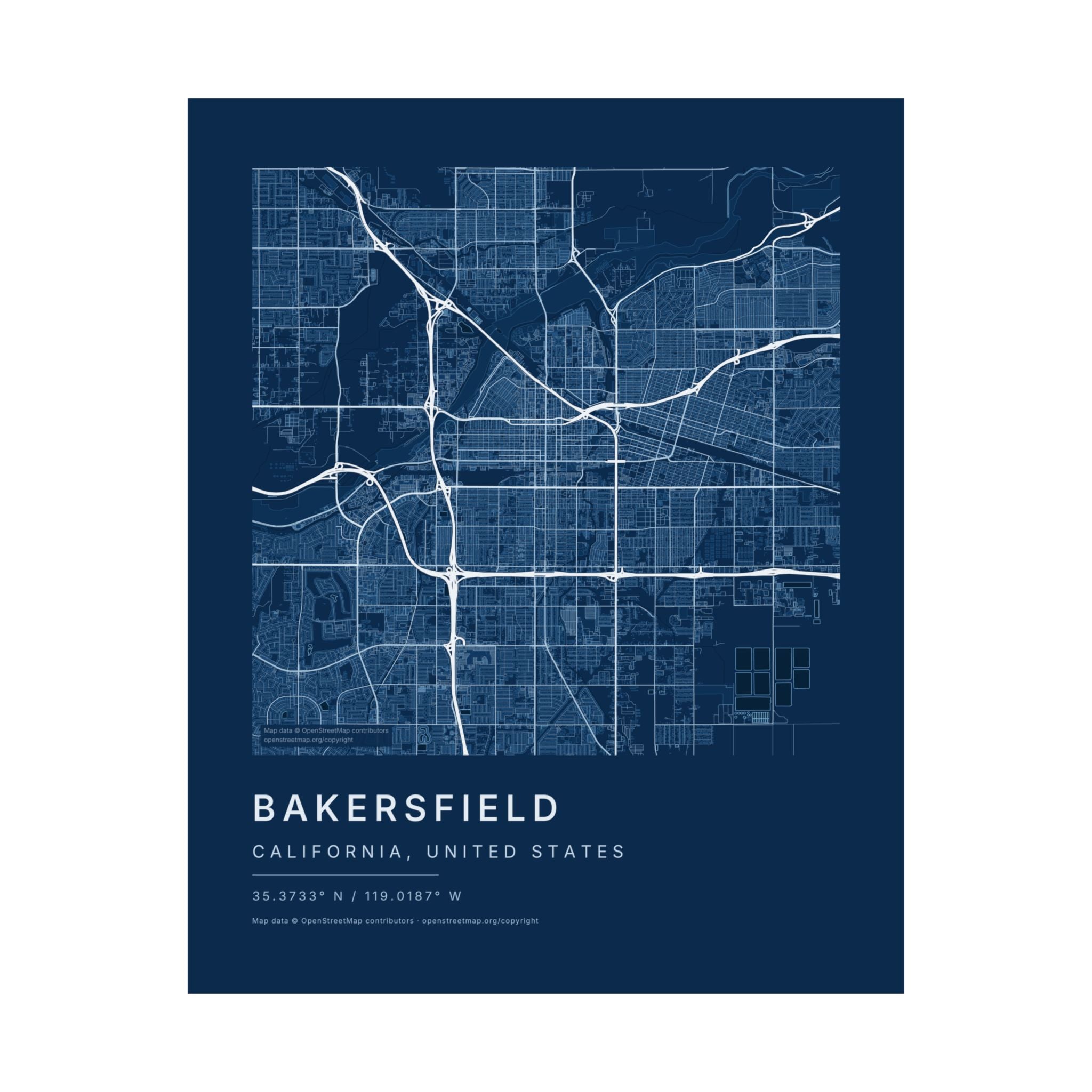 Bakersfield, California City Map Print — Blueprint Navy Street Map Wall Art