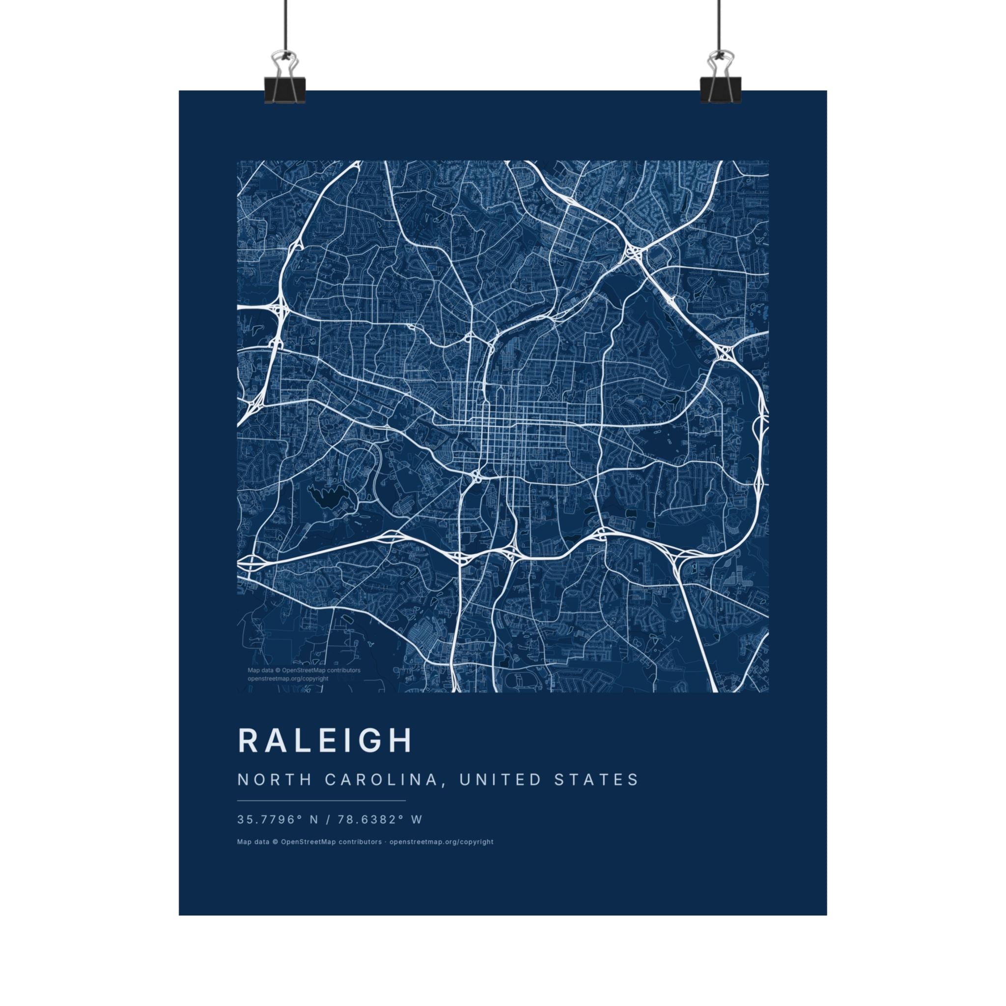Raleigh, North Carolina City Map Print — Blueprint Navy Street Map Wall Art