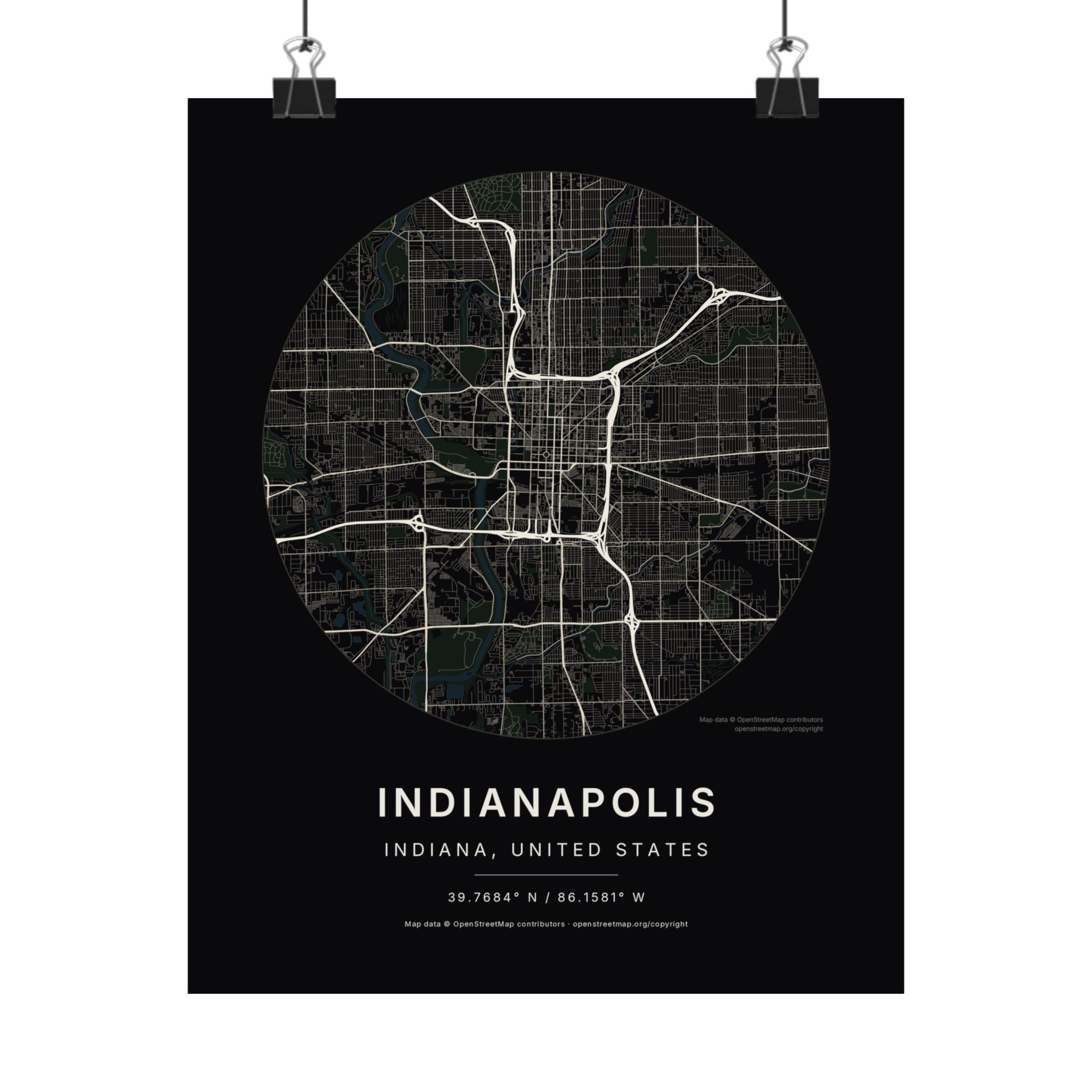 Indianapolis, Indiana City Map Print — Noir Black Street Map Wall Art