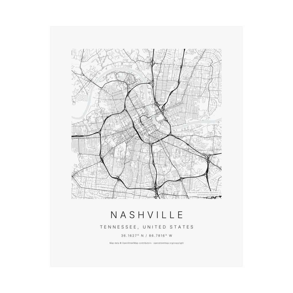 Nashville, Tennessee City Map Print — Minimalist Street Map Wall Art