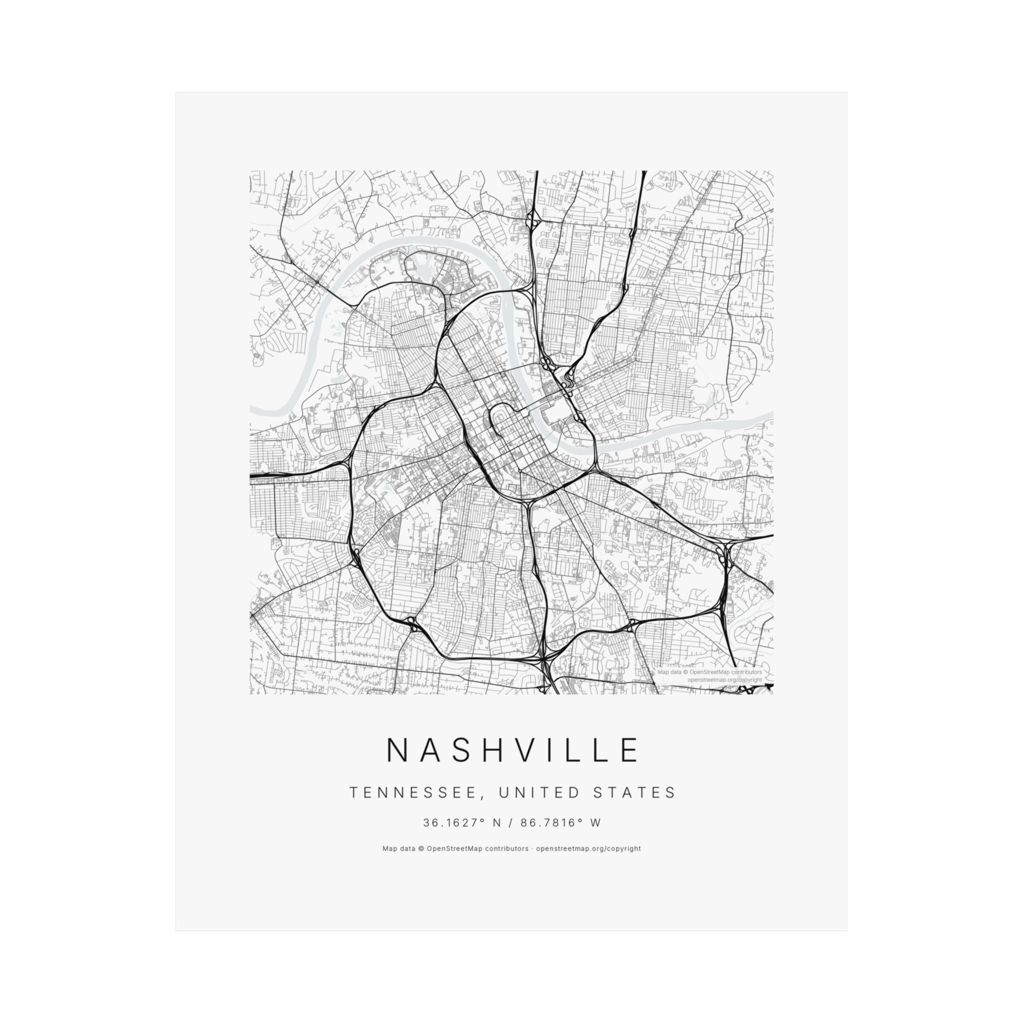 Nashville, Tennessee City Map Print — Minimalist Street Map Wall Art