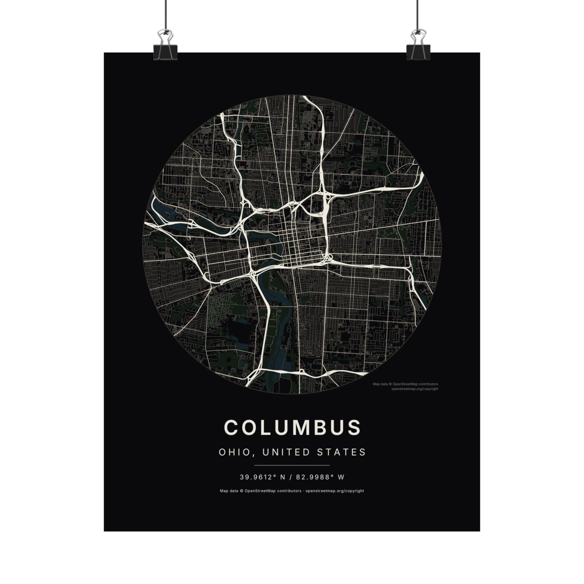 Columbus, Ohio City Map Print — Noir Black Street Map Wall Art