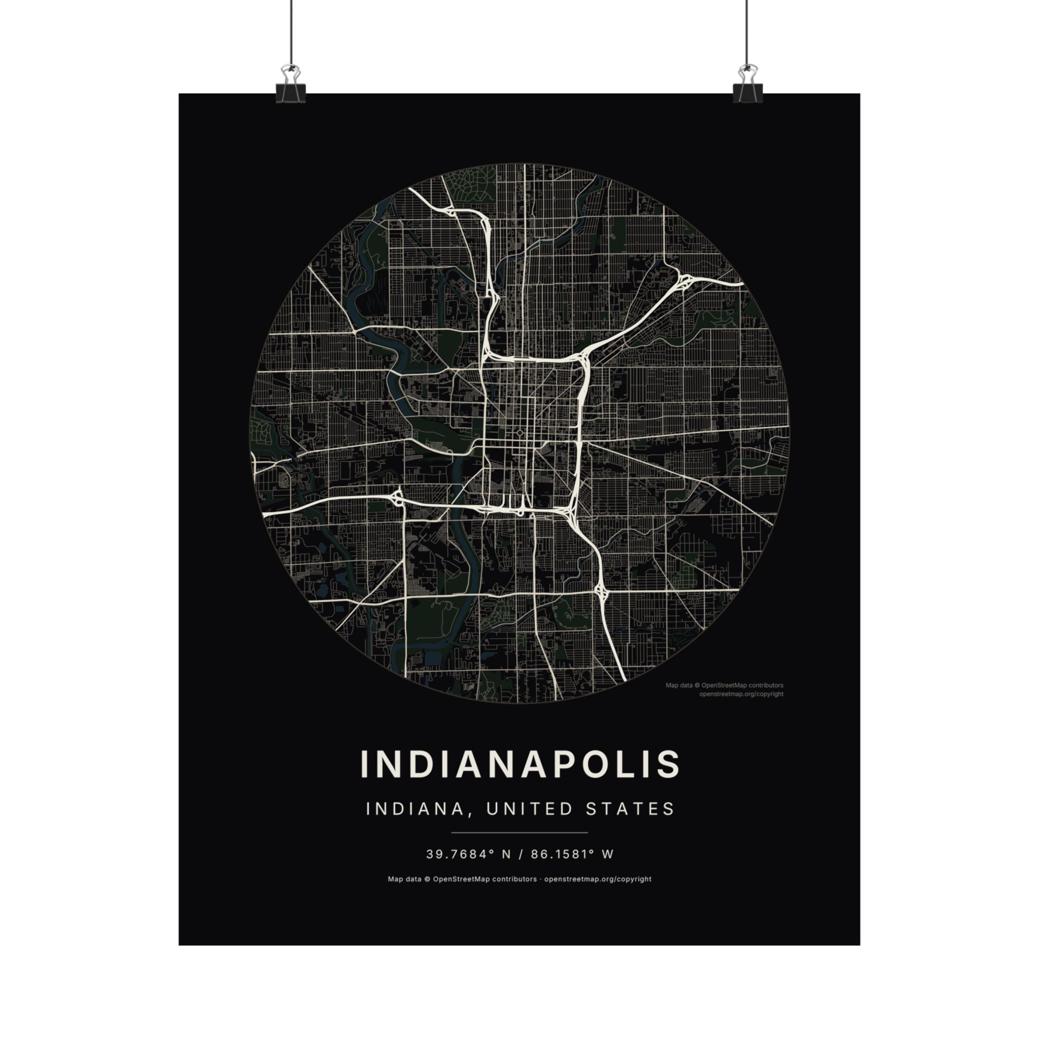 Indianapolis, Indiana City Map Print — Noir Black Street Map Wall Art