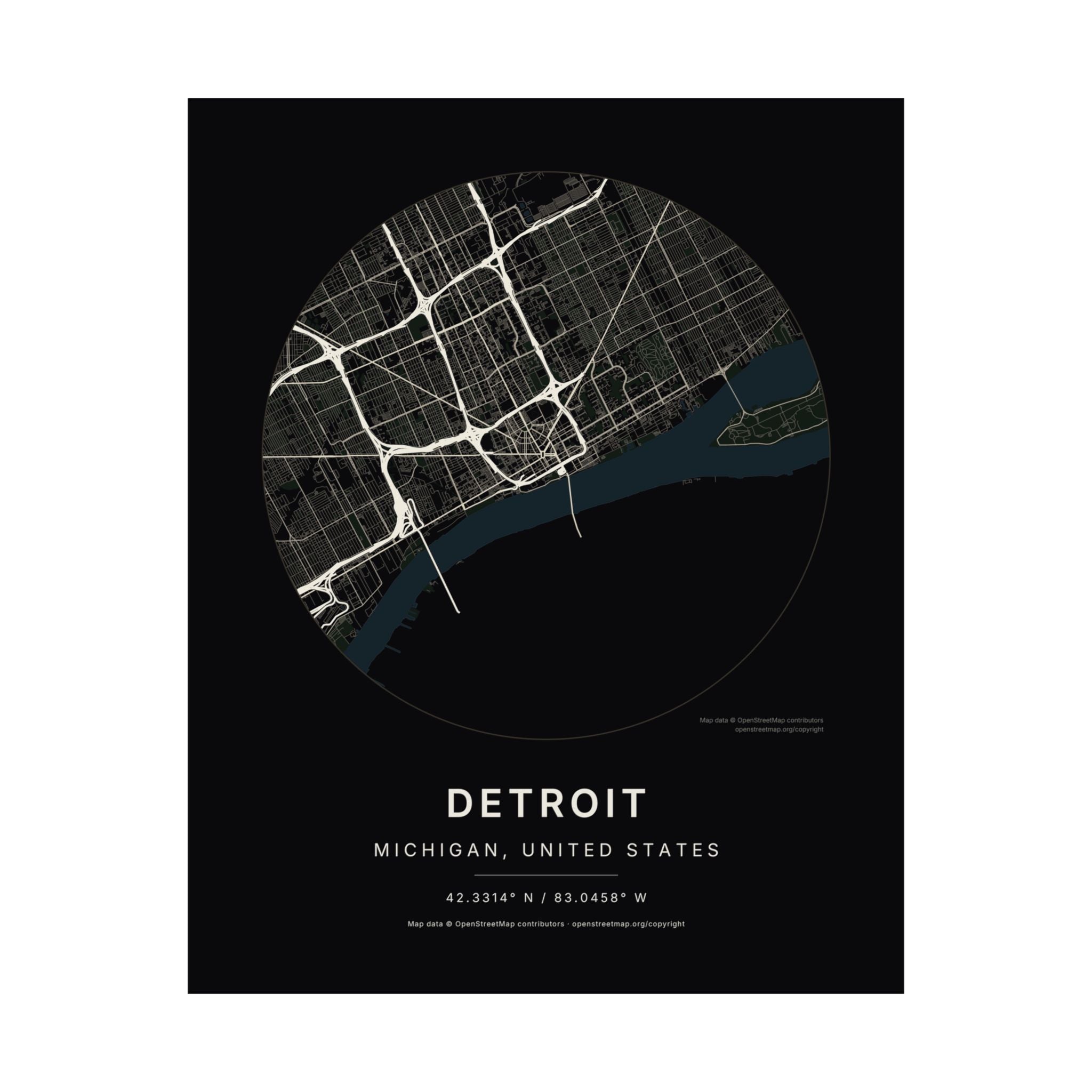 Detroit, Michigan City Map Print — Noir Black Street Map Wall Art