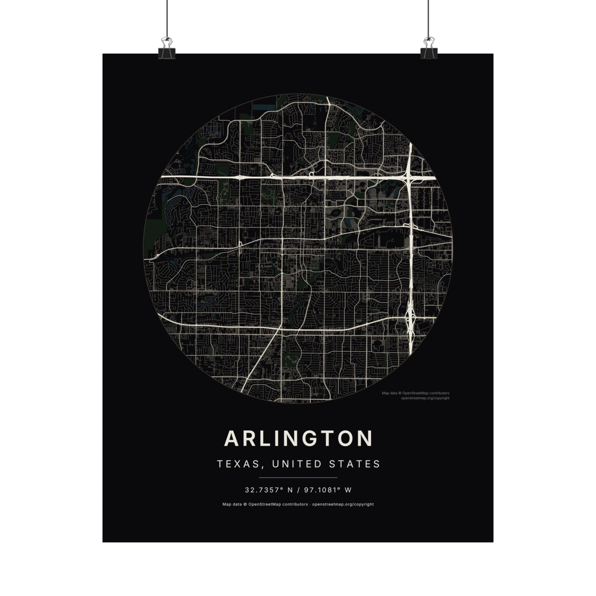 Arlington, Texas City Map Print — Noir Black Street Map Wall Art