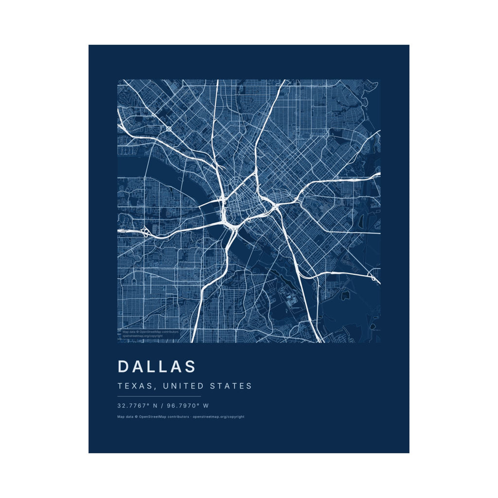 Dallas, Texas City Map Print — Blueprint Navy Street Map Wall Art