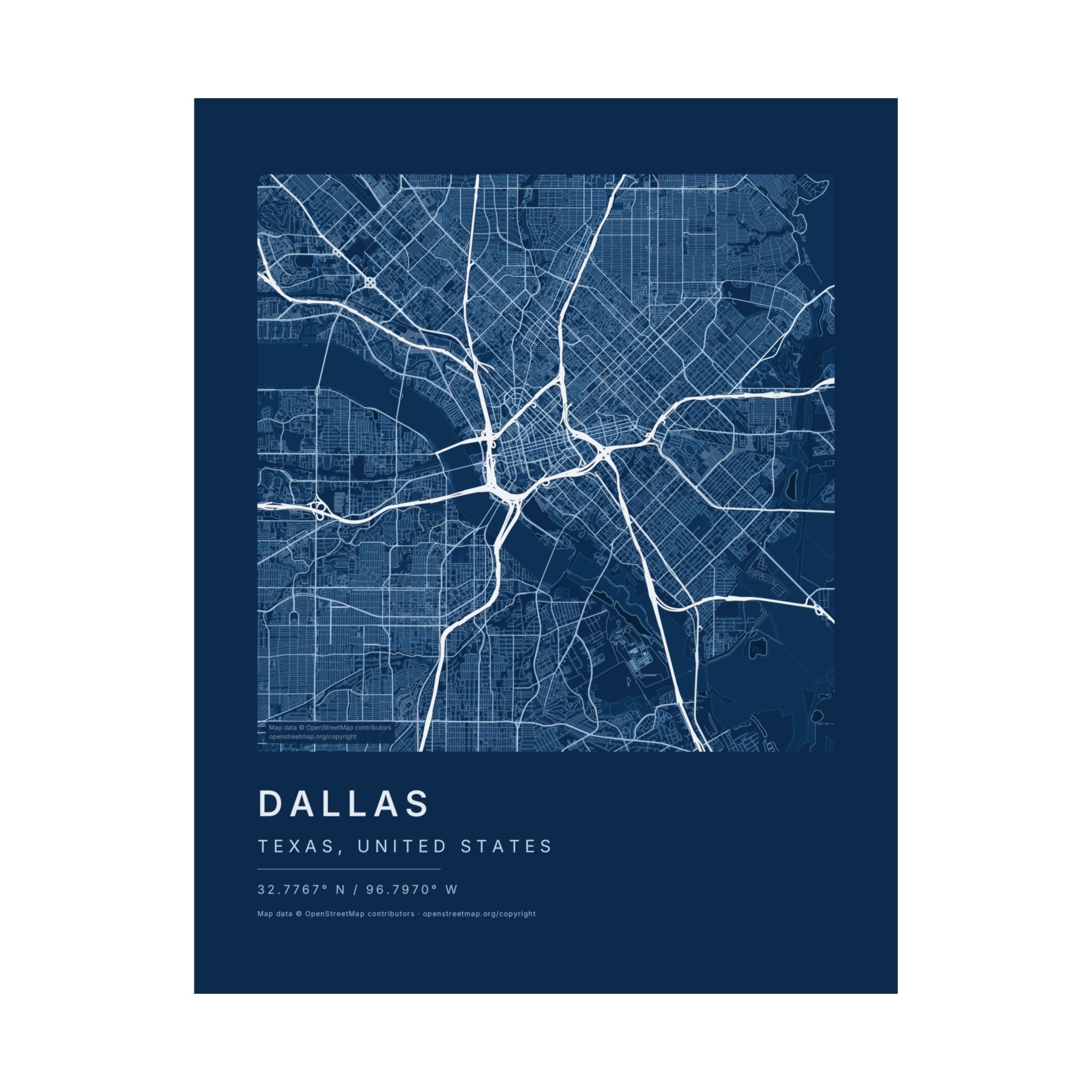 Dallas, Texas City Map Print — Blueprint Navy Street Map Wall Art