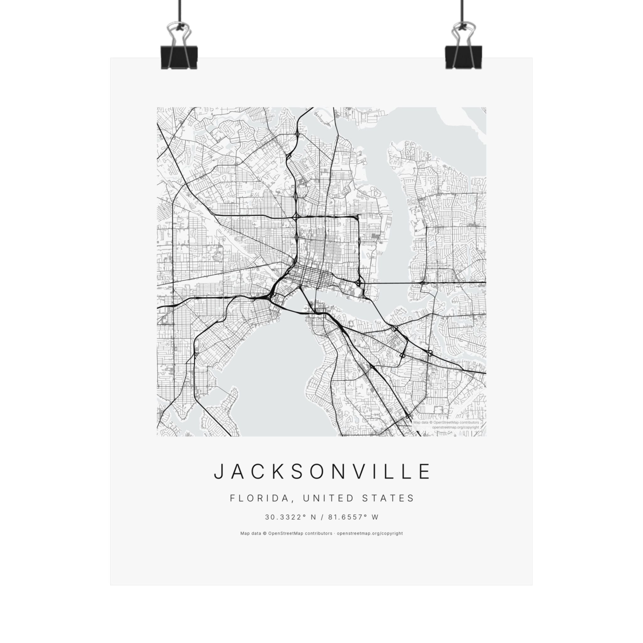 Jacksonville, Florida City Map Print — Minimalist Street Map Wall Art