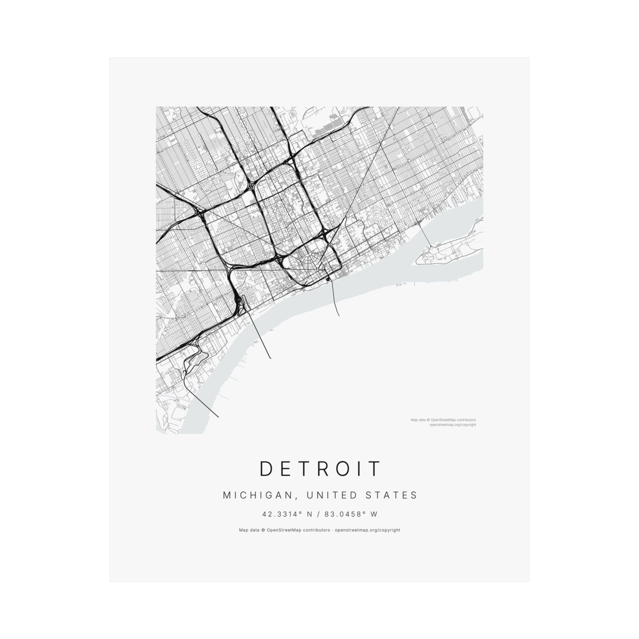 Detroit, Michigan City Map Print — Minimalist Street Map Wall Art