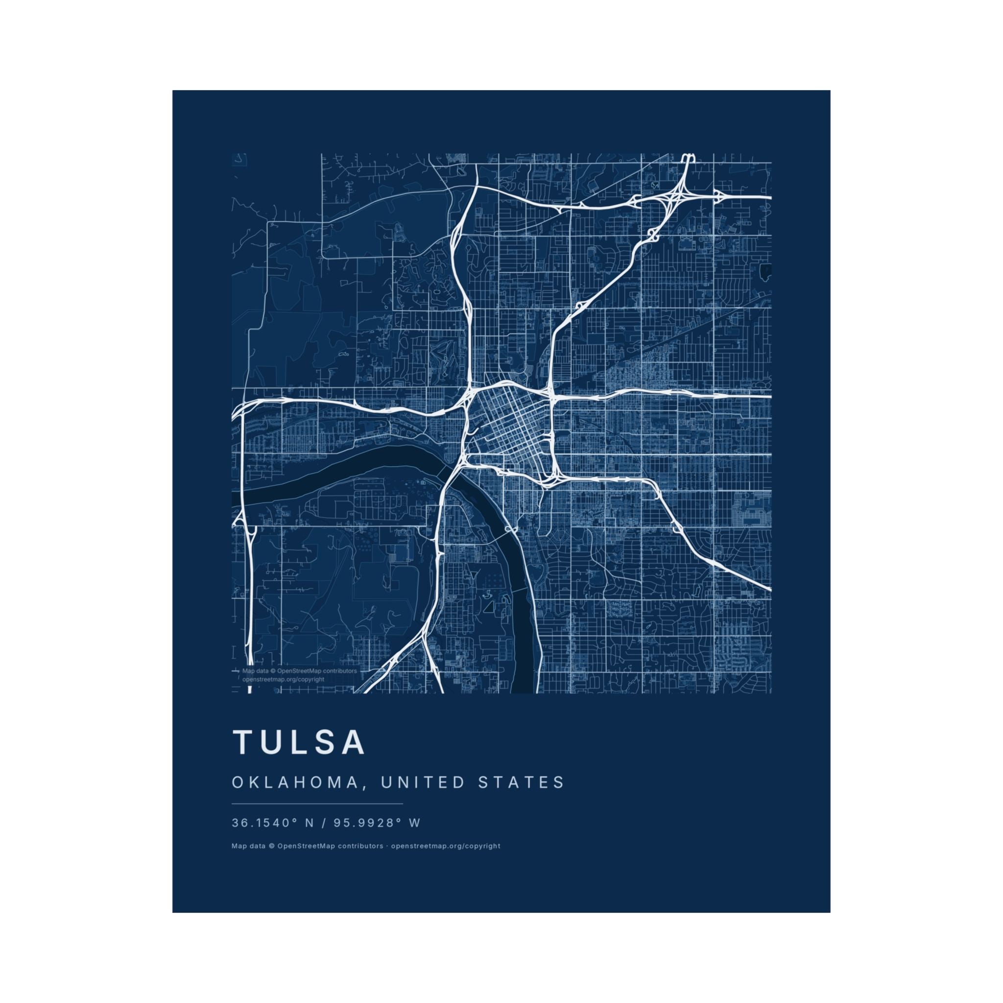 Tulsa, Oklahoma City Map Print — Blueprint Navy Street Map Wall Art