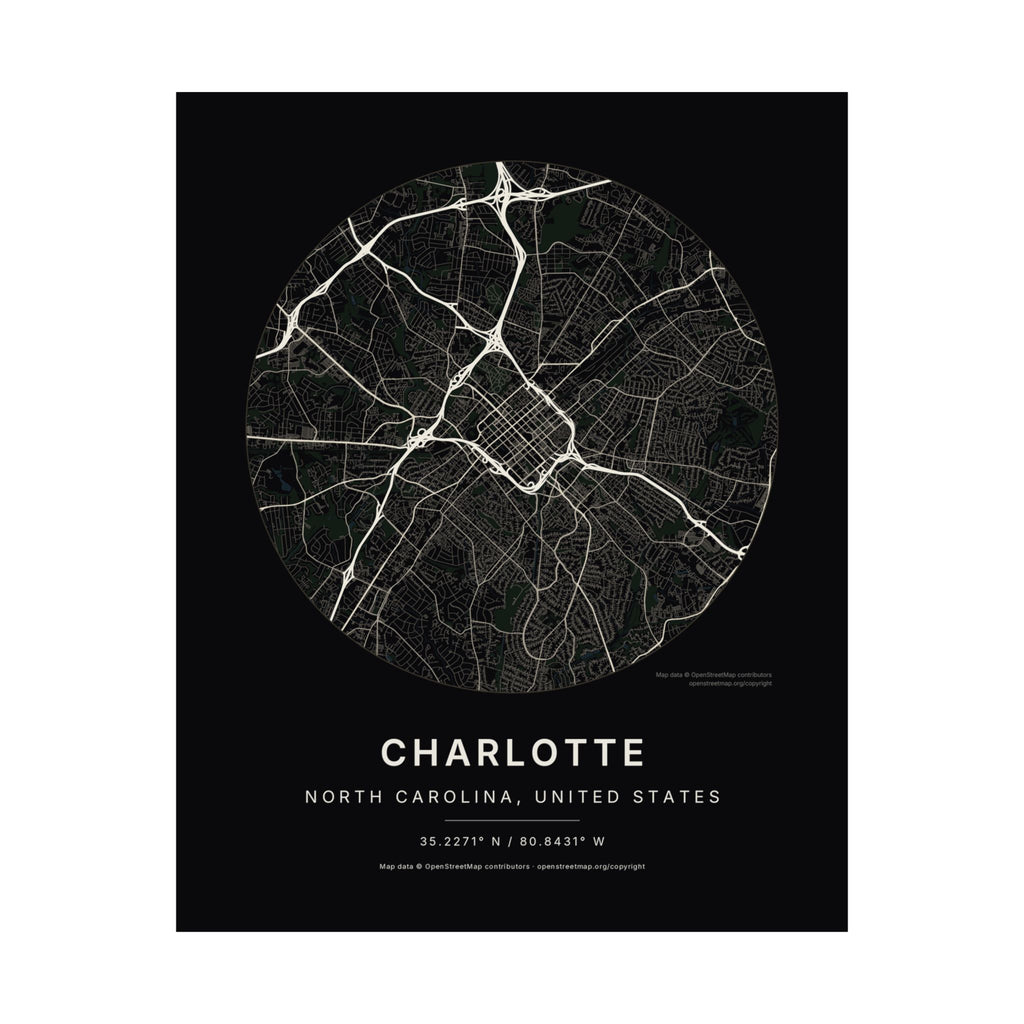 Charlotte, North Carolina City Map Print — Noir Black Street Map Wall Art