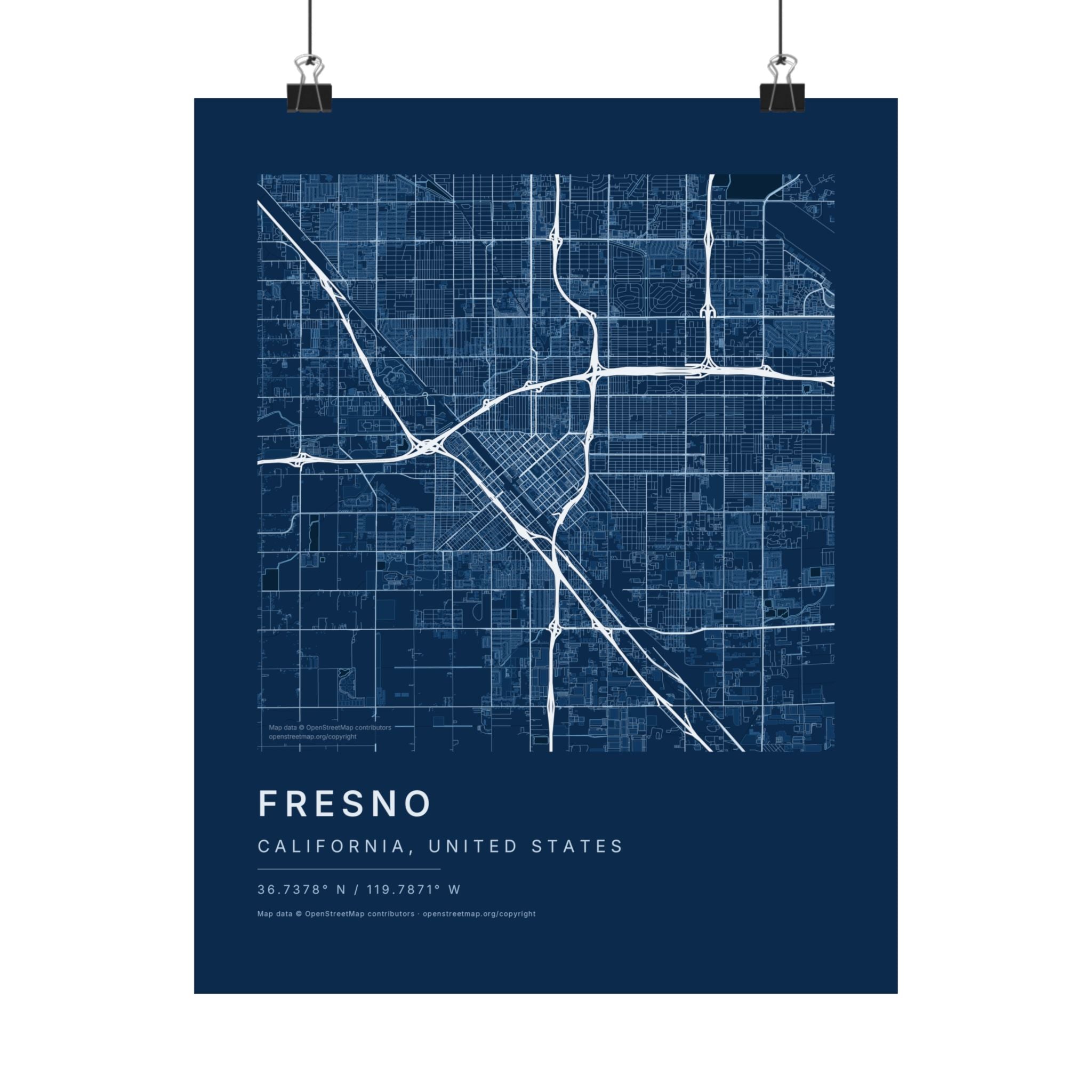 Fresno, California City Map Print — Blueprint Navy Street Map Wall Art