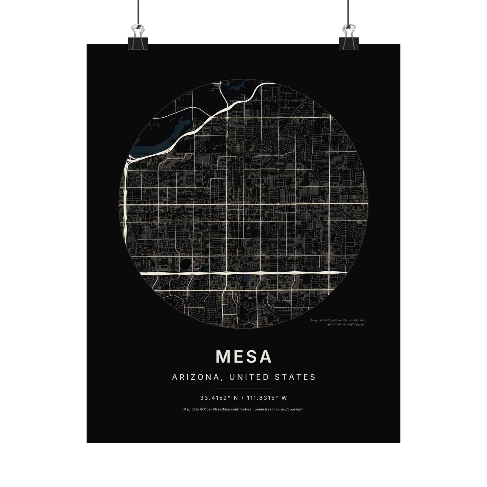 Mesa, Arizona City Map Print — Noir Black Street Map Wall Art