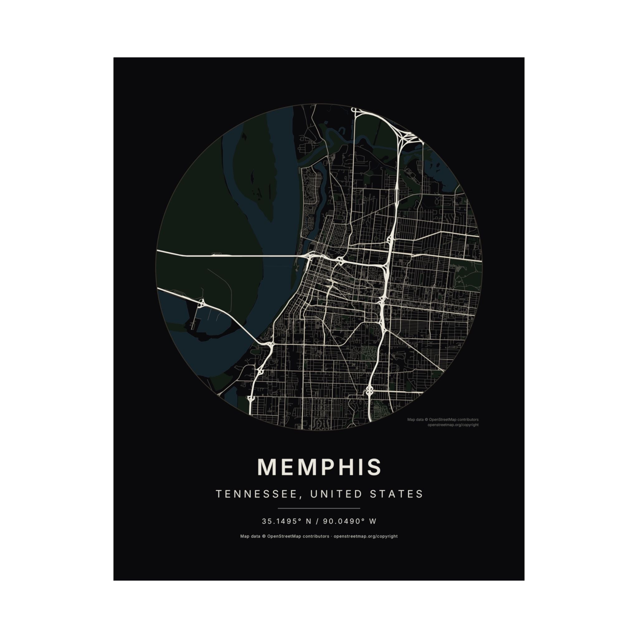 Memphis, Tennessee City Map Print — Noir Black Street Map Wall Art