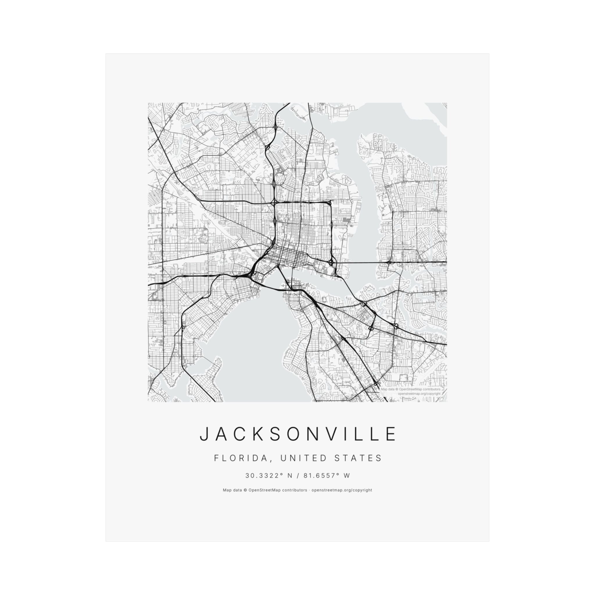 Jacksonville, Florida City Map Print — Minimalist Street Map Wall Art