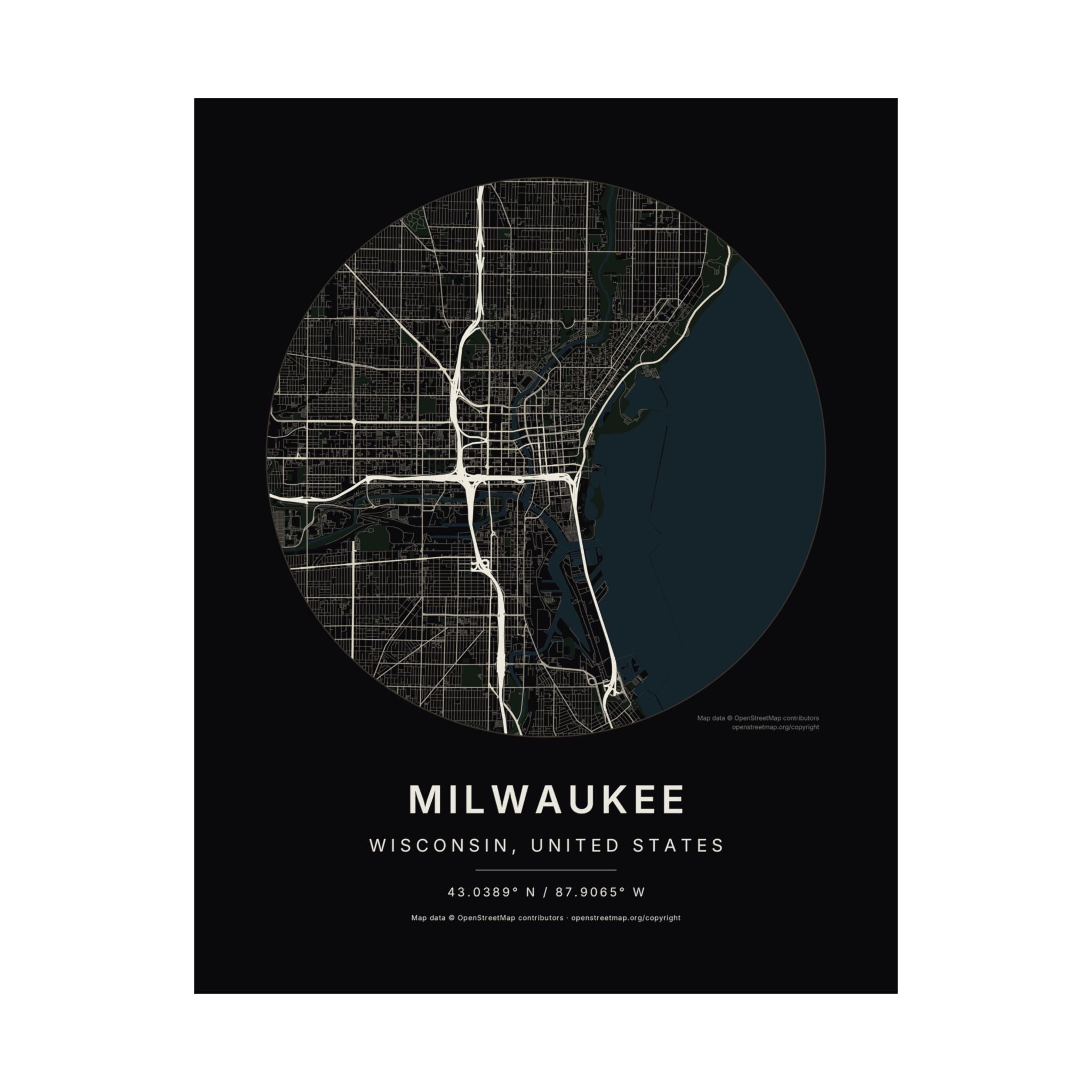 Milwaukee, Wisconsin City Map Print — Noir Black Street Map Wall Art