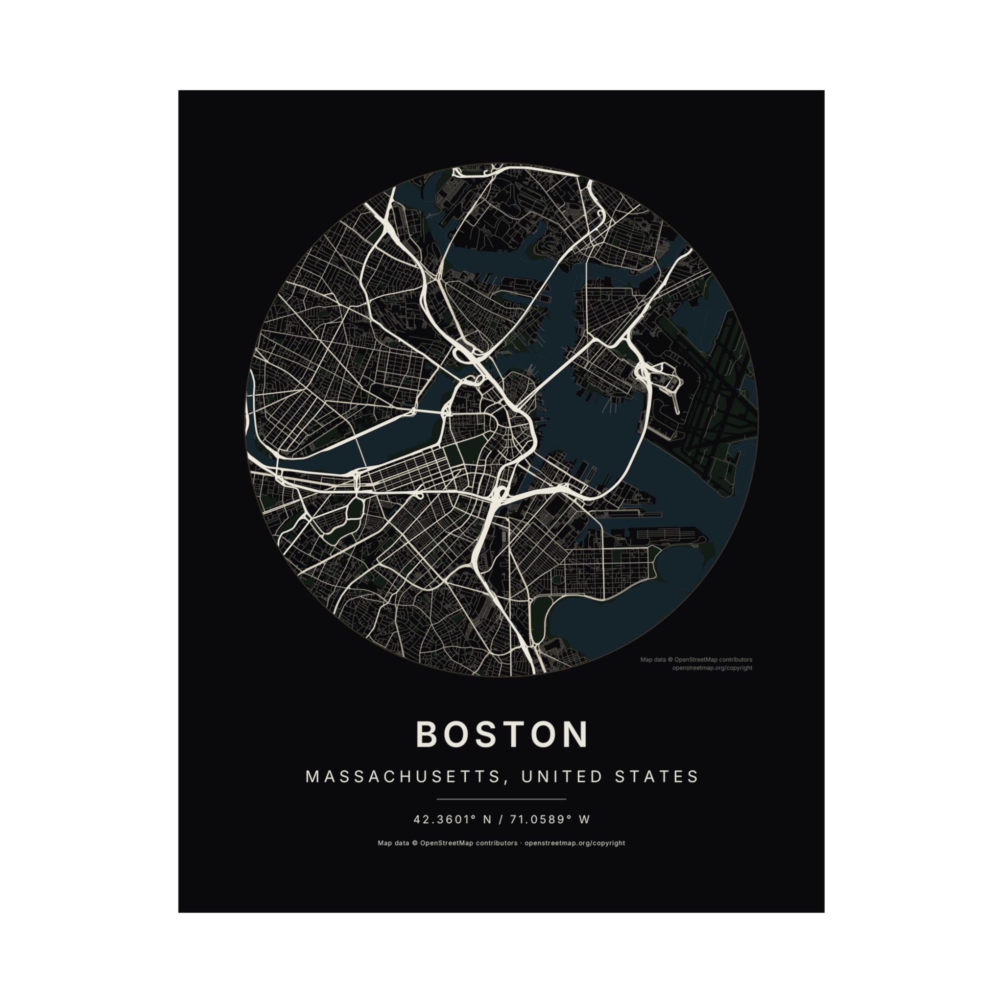 Boston, Massachusetts City Map Print — Noir Black Street Map Wall Art