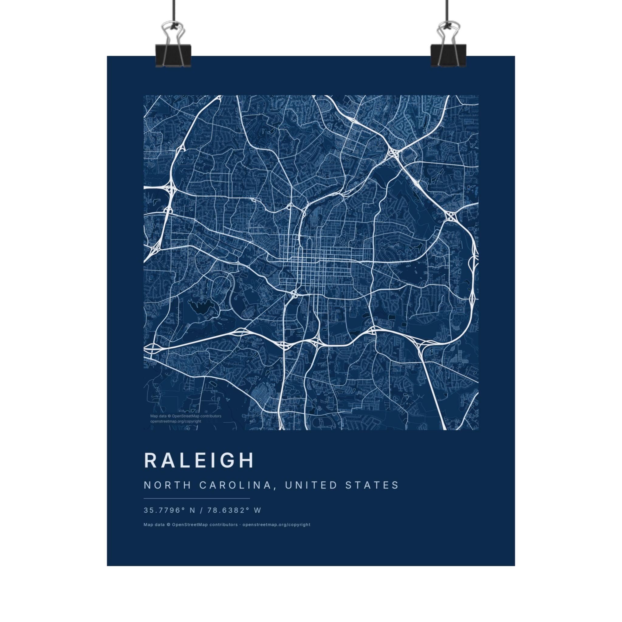 Raleigh, North Carolina City Map Print — Blueprint Navy Street Map Wall Art