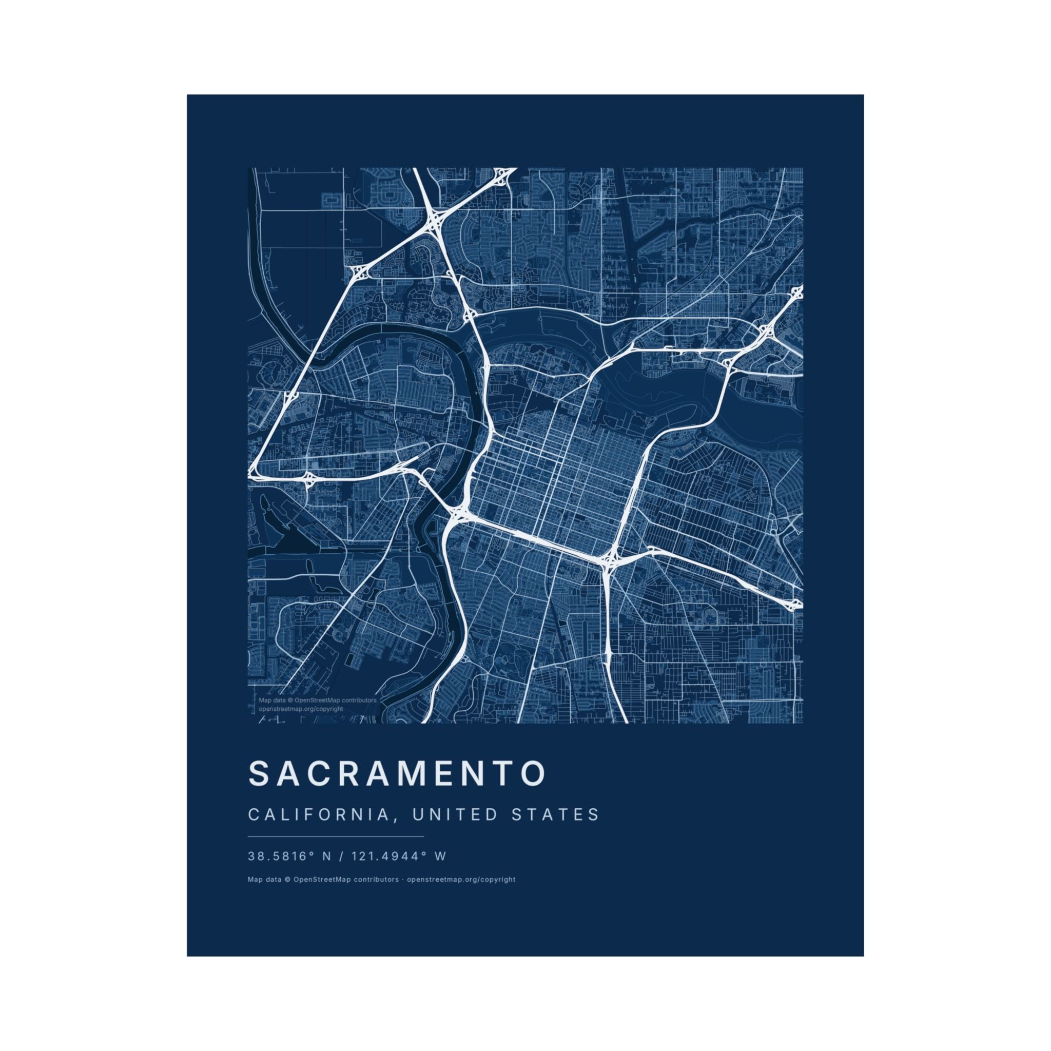 Sacramento, California City Map Print — Blueprint Navy Street Map Wall Art