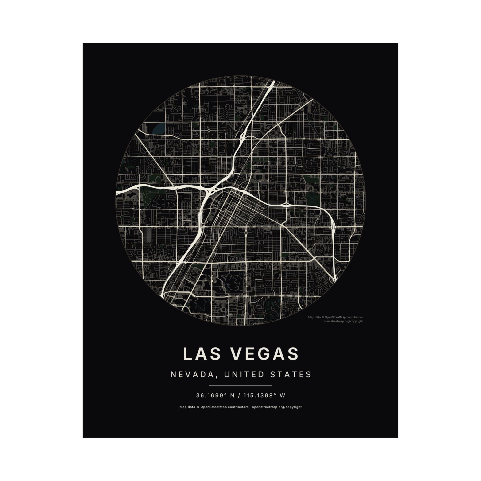 Las Vegas, Nevada City Map Print — Noir Black Street Map Wall Art