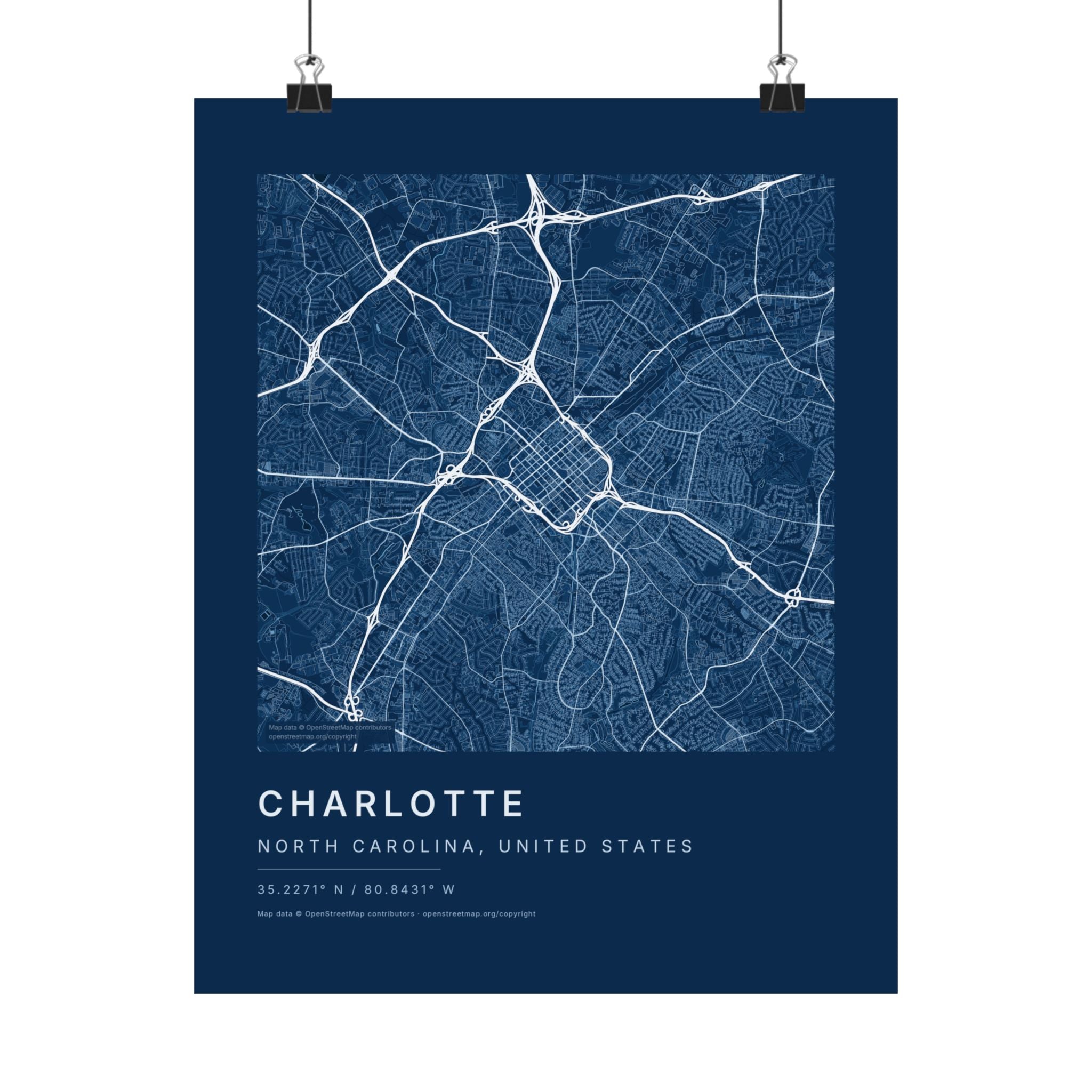 Charlotte, North Carolina City Map Print — Blueprint Navy Street Map Wall Art