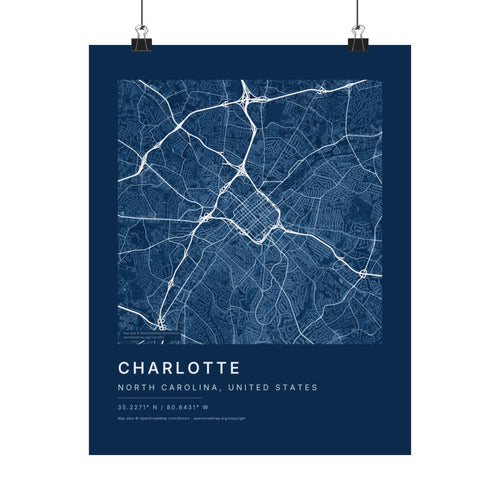 Charlotte, North Carolina City Map Print — Blueprint Navy Street Map Wall Art