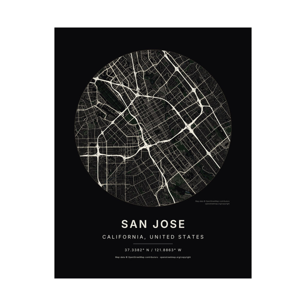 San Jose, California City Map Print — Noir Black Street Map Wall Art