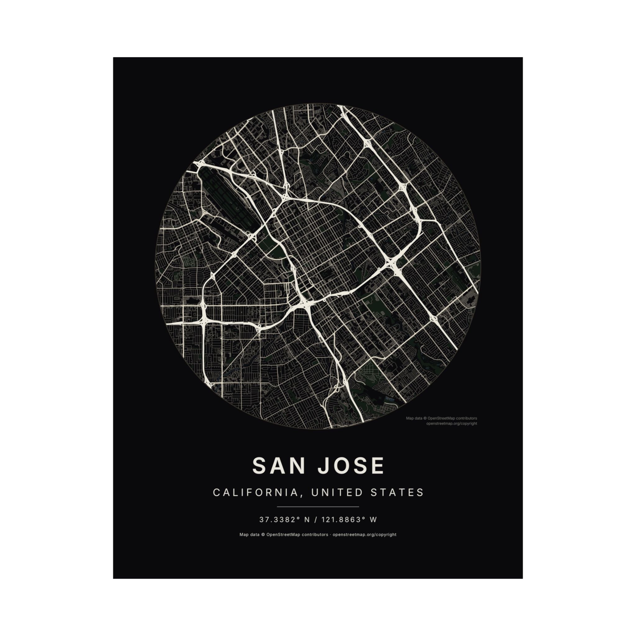 San Jose, California City Map Print — Noir Black Street Map Wall Art
