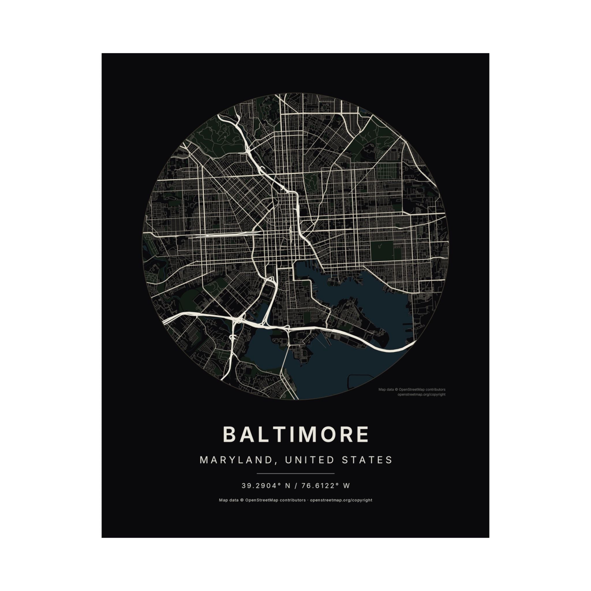 Baltimore, Maryland City Map Print — Noir Black Street Map Wall Art