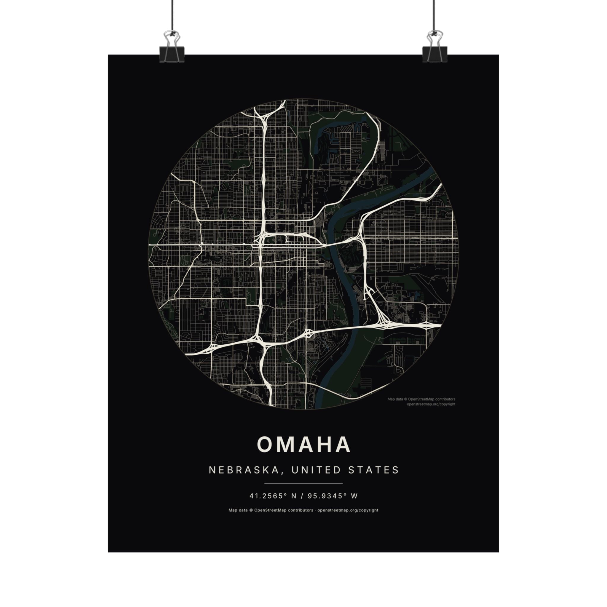 Omaha, Nebraska City Map Print — Noir Black Street Map Wall Art