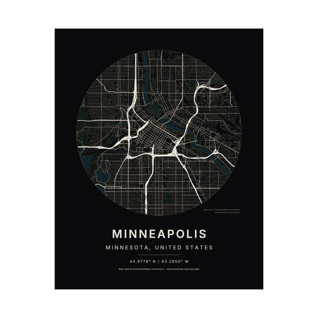 Minneapolis, Minnesota City Map Print — Noir Black Street Map Wall Art