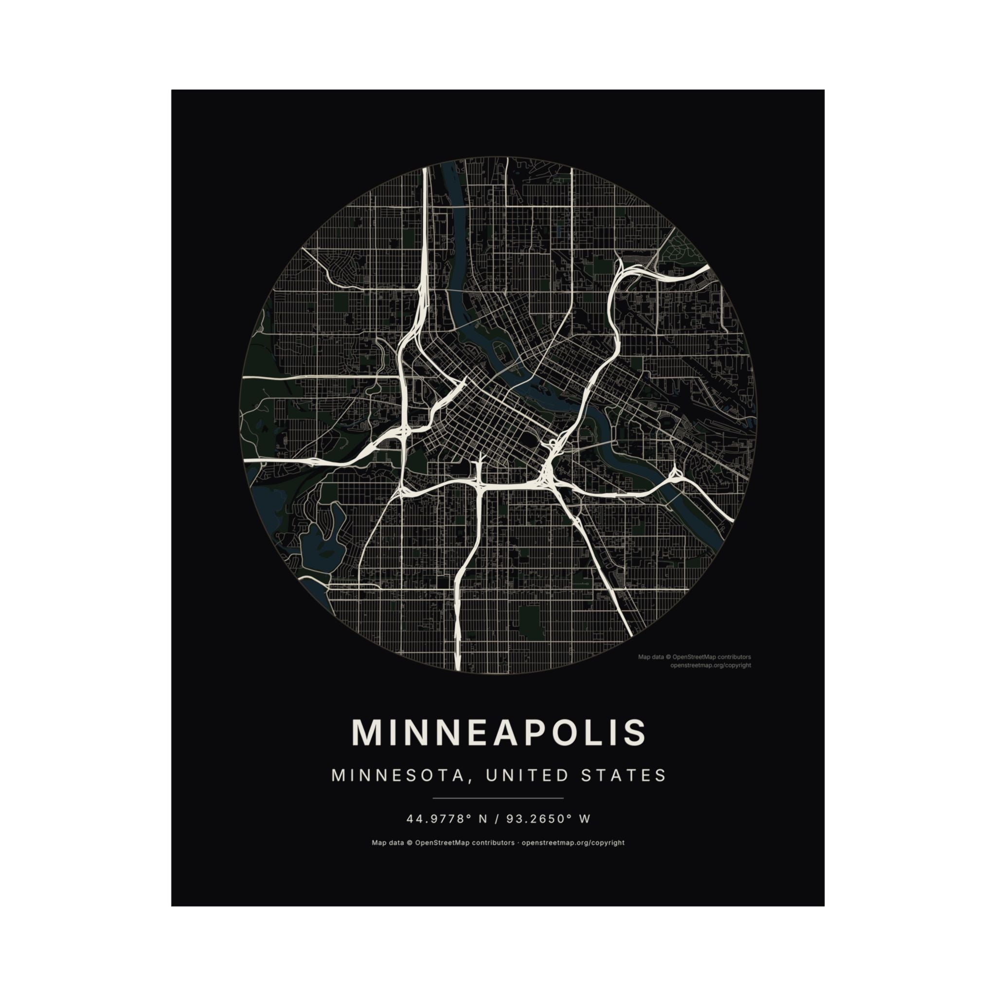Minneapolis, Minnesota City Map Print — Noir Black Street Map Wall Art