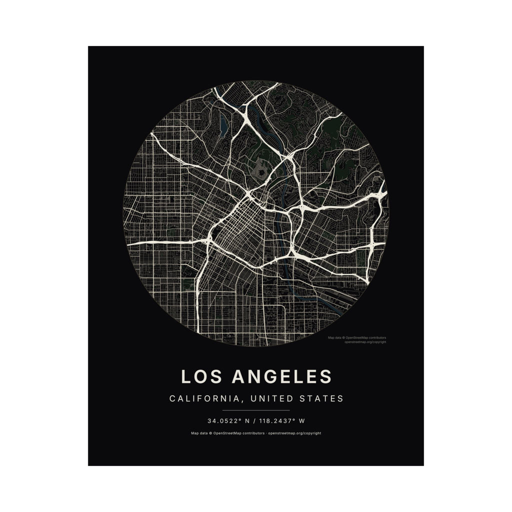 Los Angeles, California City Map Print — Noir Black Street Map Wall Art