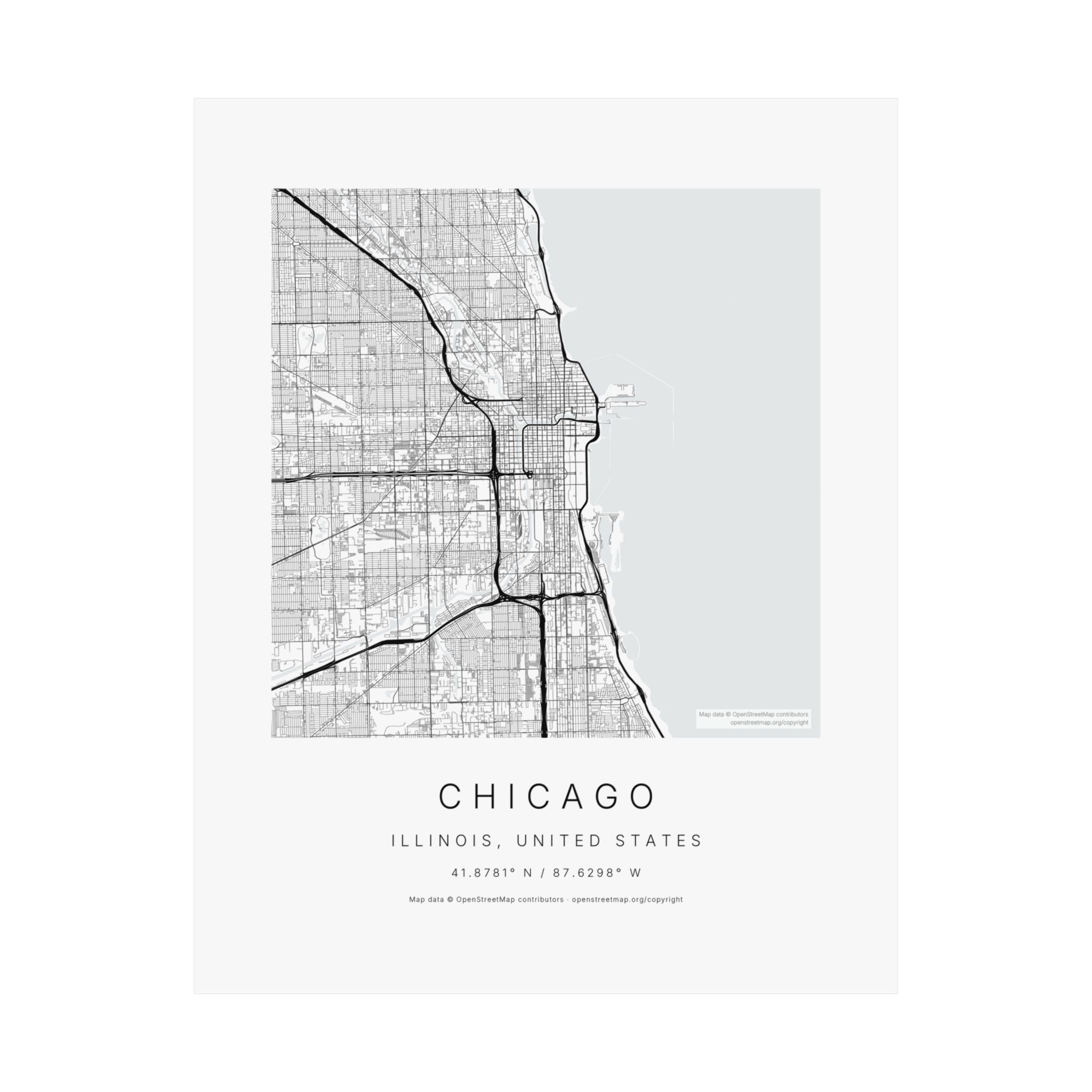 Chicago, Illinois City Map Print — Minimalist Street Map Wall Art