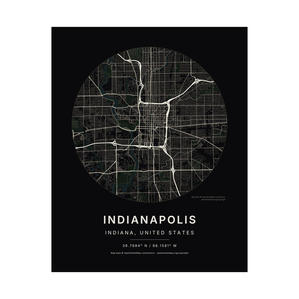 Indianapolis, Indiana City Map Print — Noir Black Street Map Wall Art