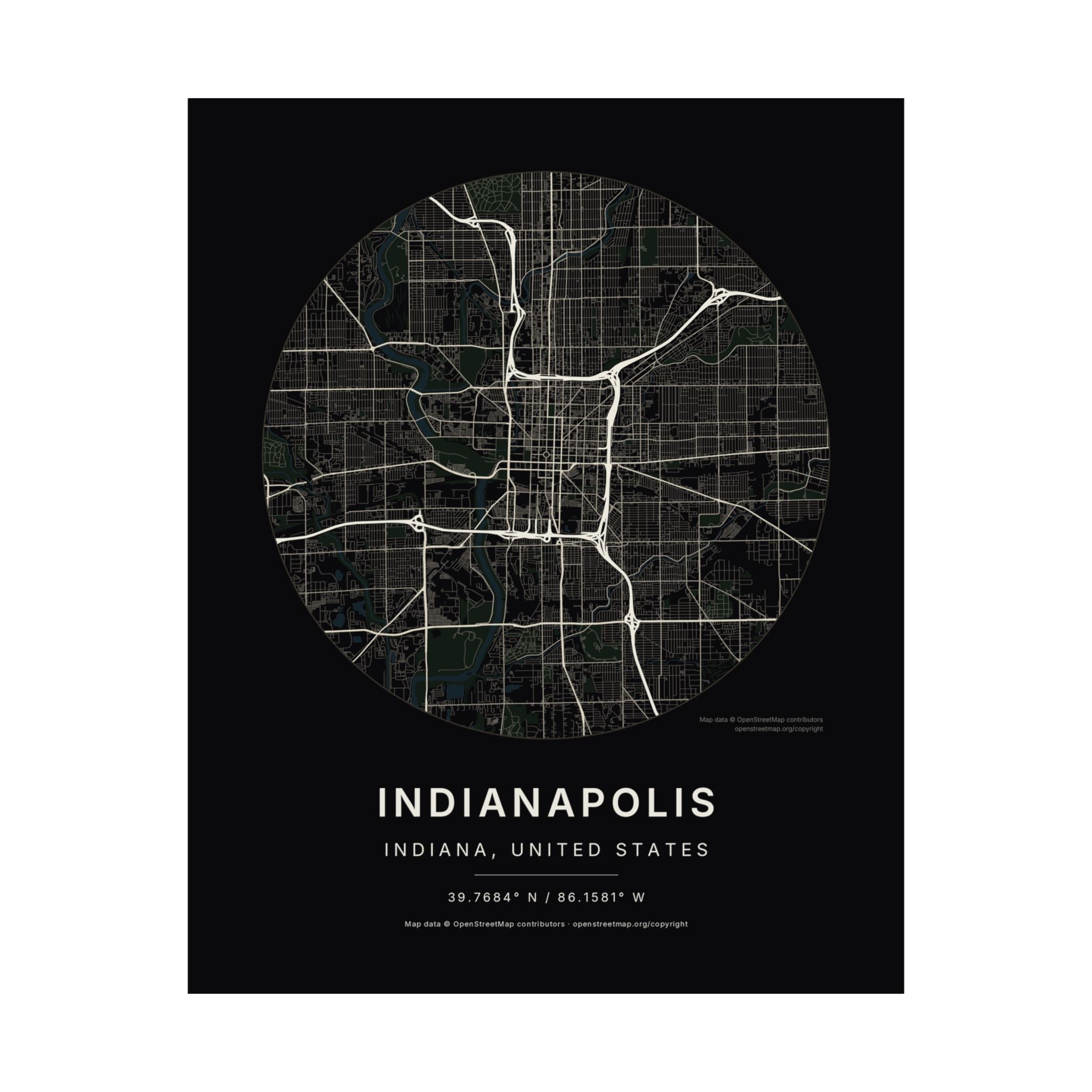 Indianapolis, Indiana City Map Print — Noir Black Street Map Wall Art