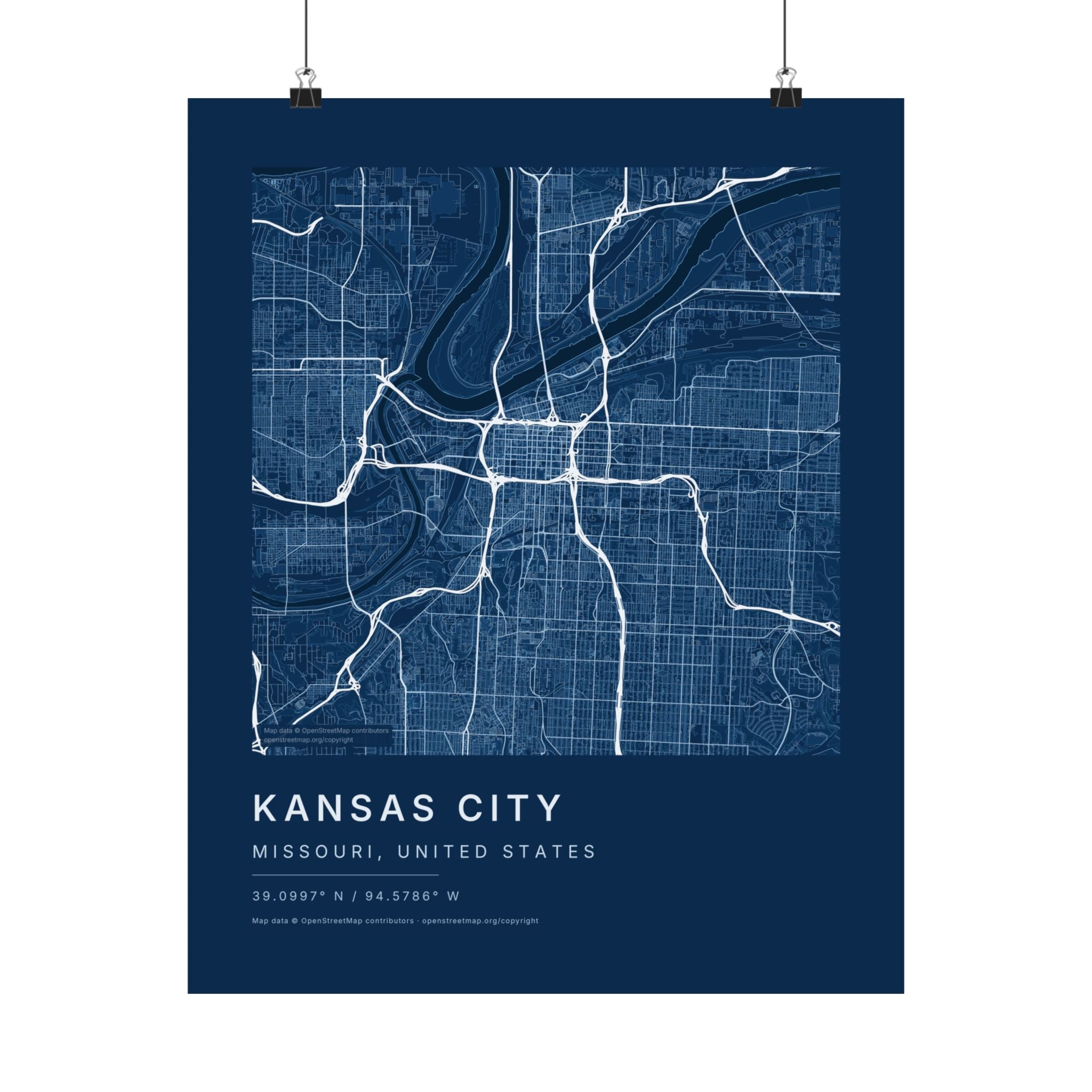 Kansas City, Missouri City Map Print — Blueprint Navy Street Map Wall Art