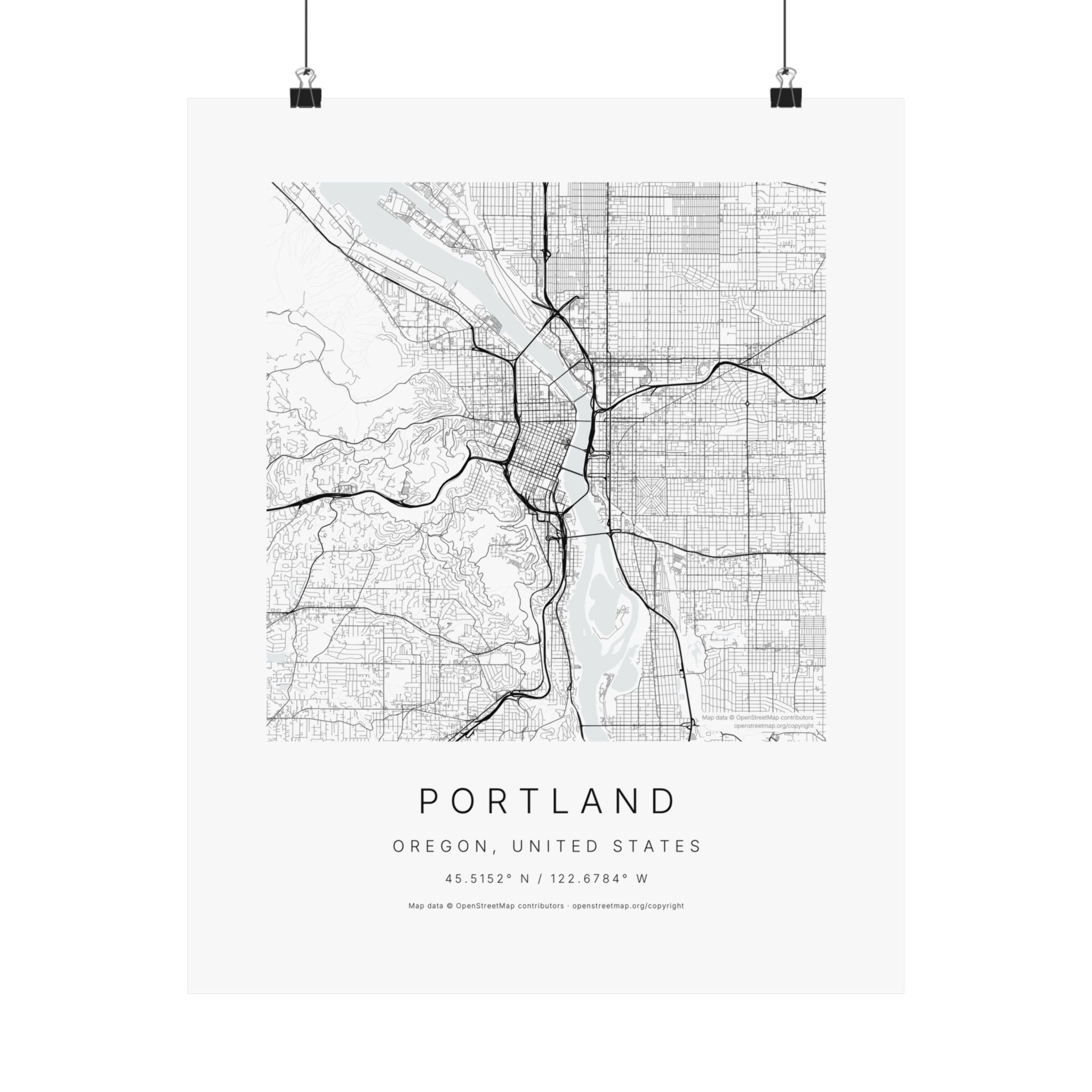 Portland, Oregon City Map Print — Minimalist Street Map Wall Art