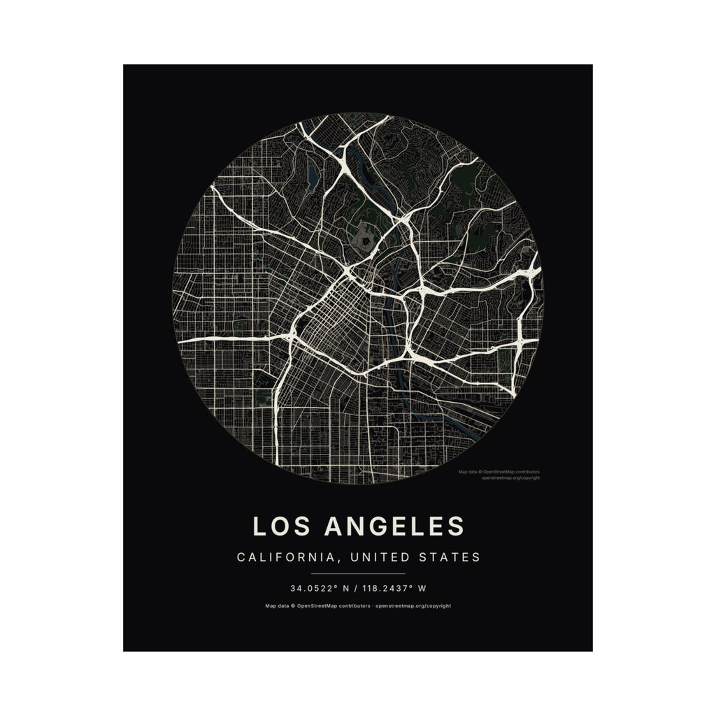 Los Angeles, California City Map Print — Noir Black Street Map Wall Art