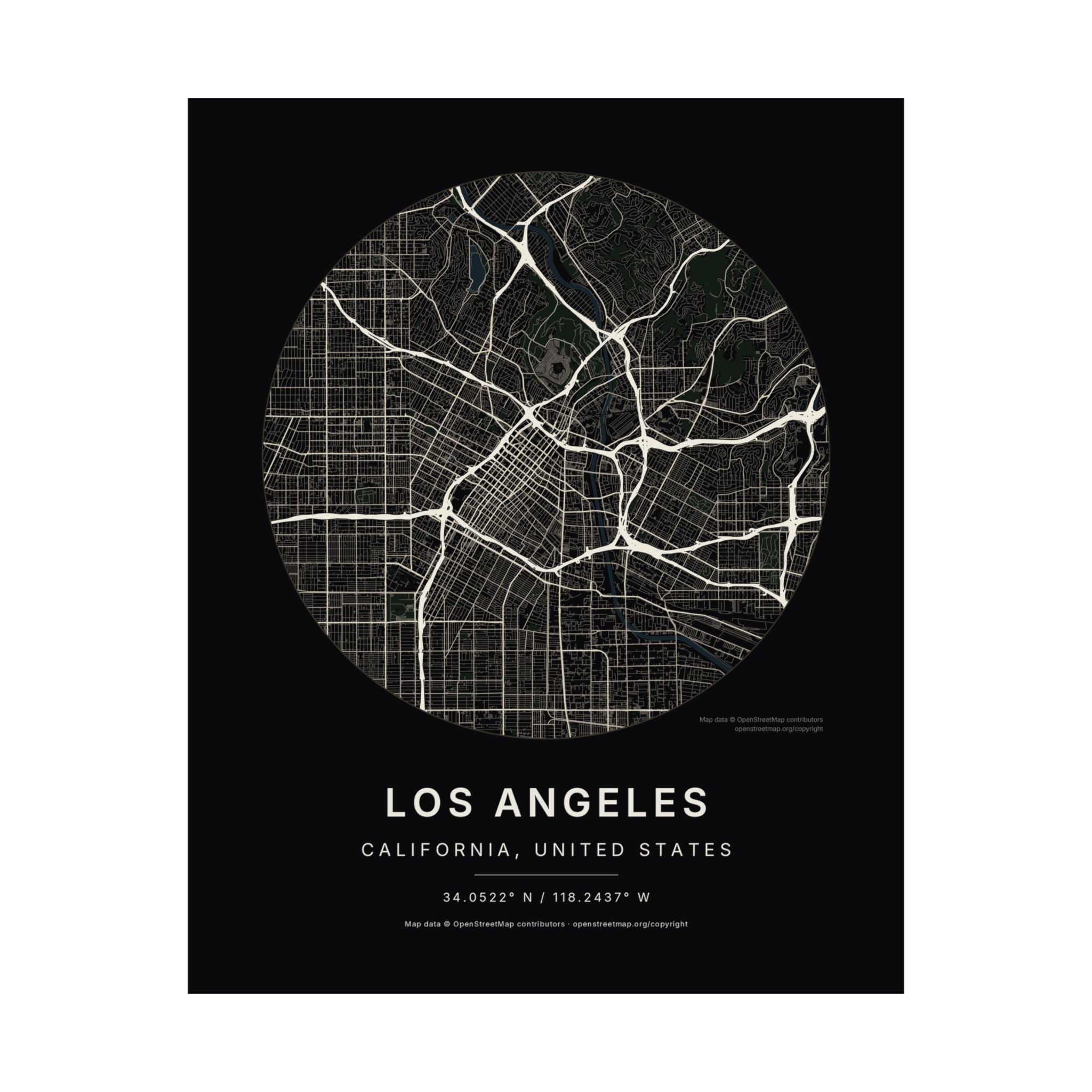 Los Angeles, California City Map Print — Noir Black Street Map Wall Art