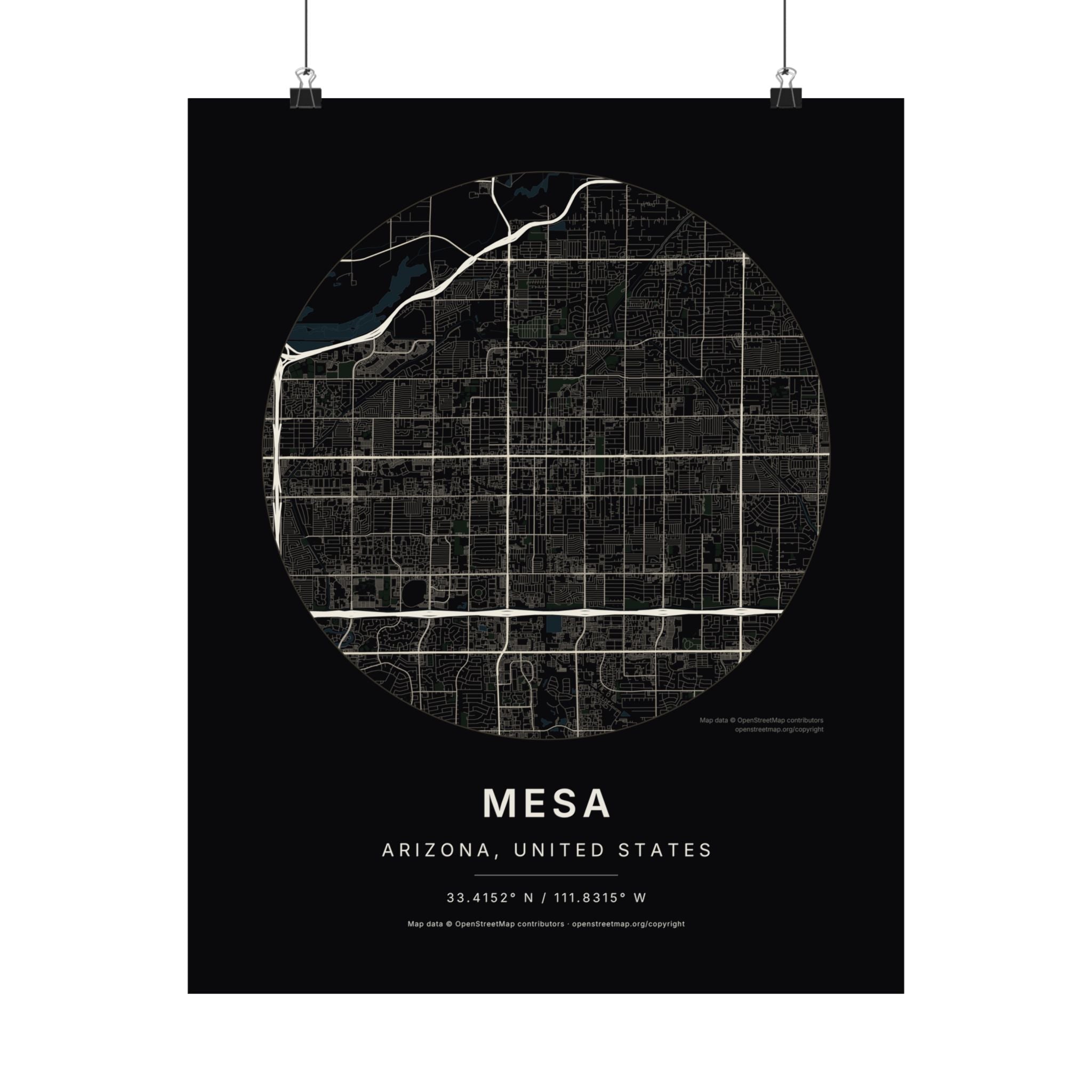 Mesa, Arizona City Map Print — Noir Black Street Map Wall Art