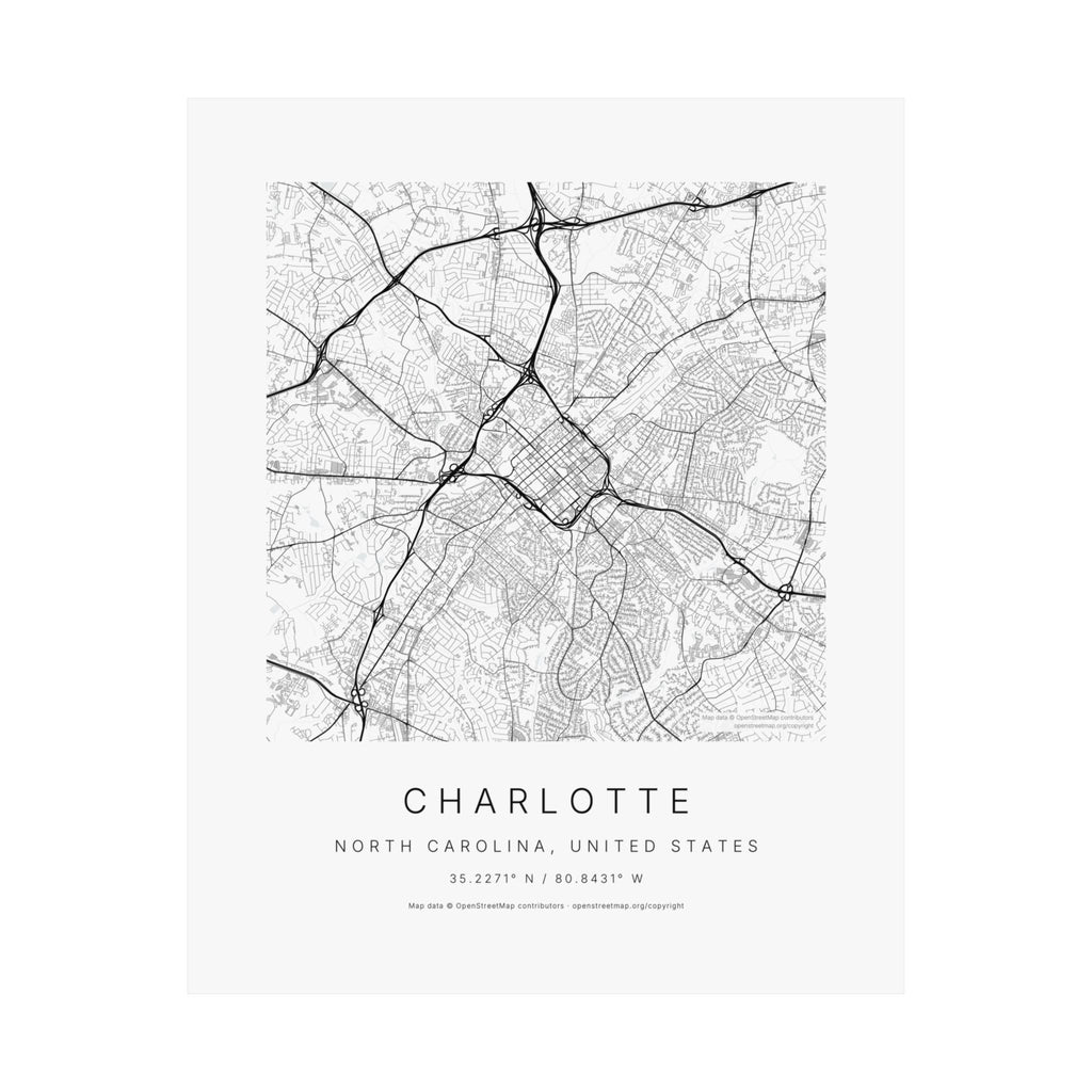 Charlotte, North Carolina City Map Print — Minimalist Street Map Wall Art