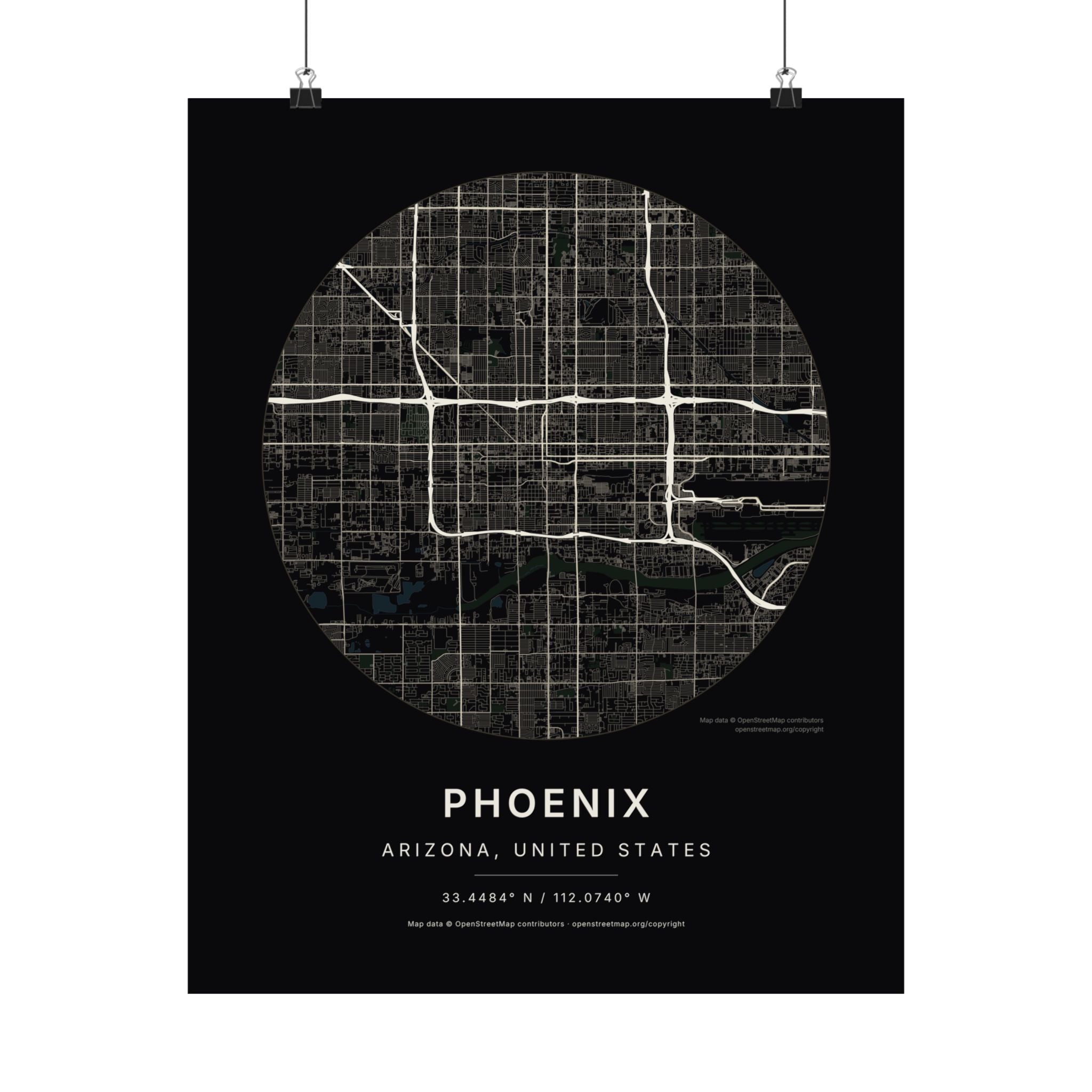 Phoenix, Arizona City Map Print — Noir Black Street Map Wall Art