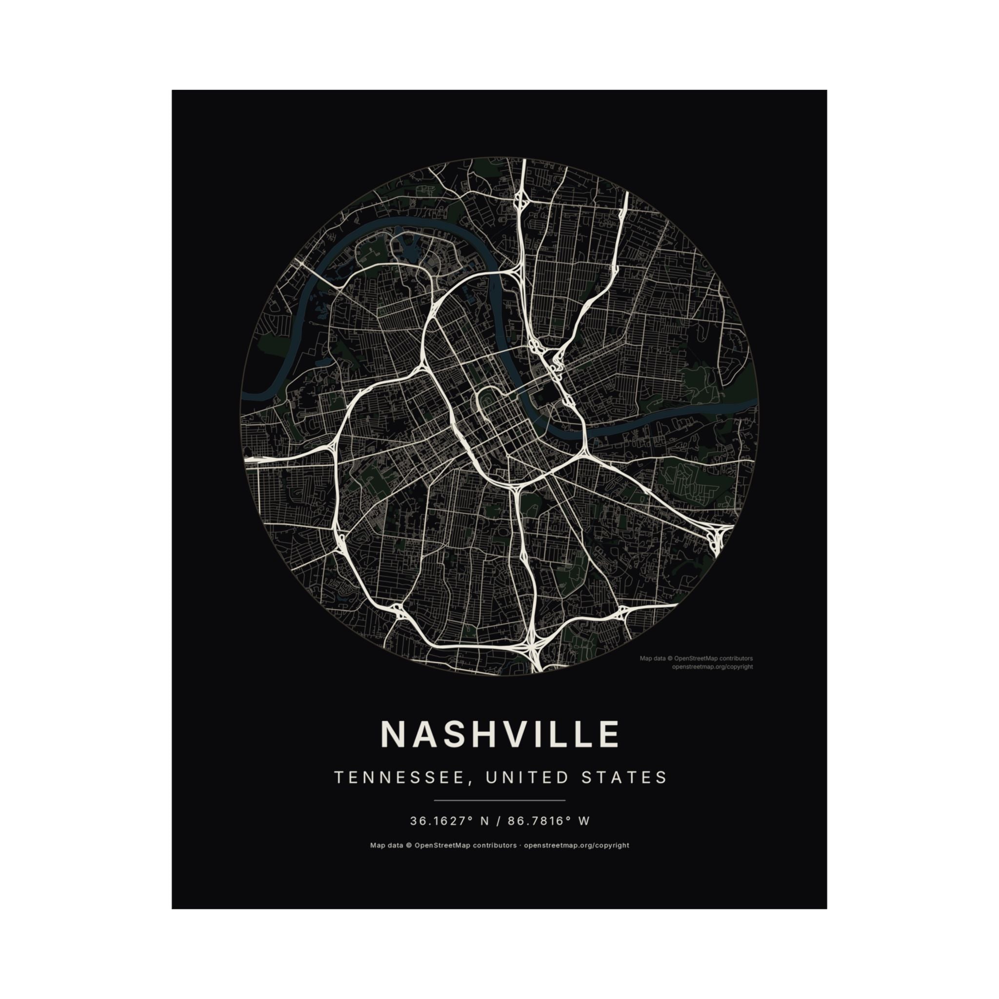 Nashville, Tennessee City Map Print — Noir Black Street Map Wall Art